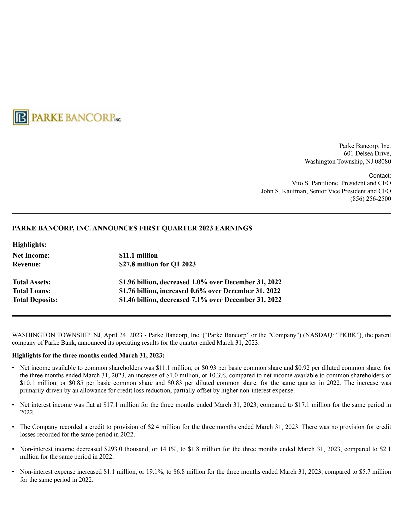 Parke Bancorp's Q1 2023 Press Release