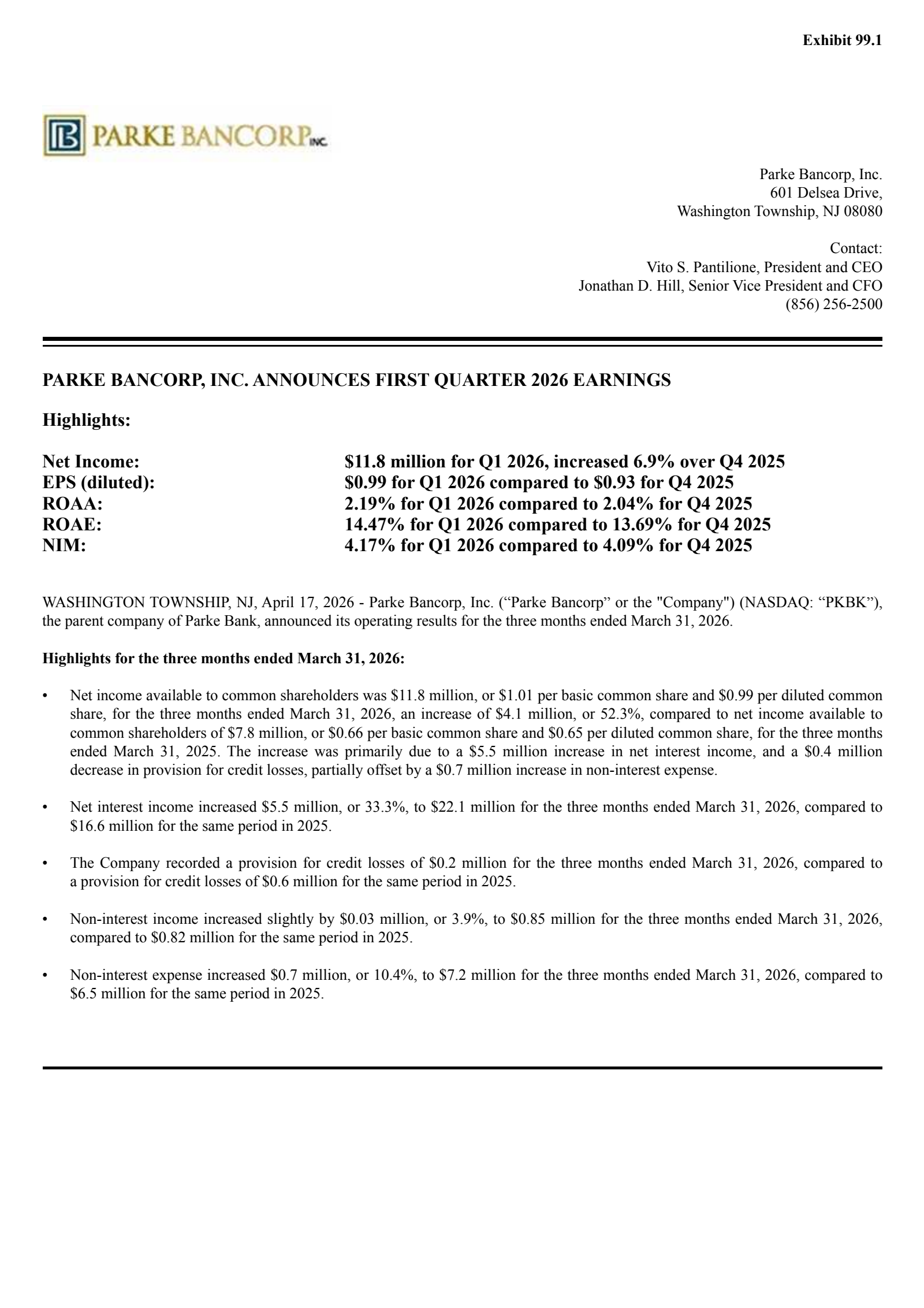 Parke Bancorp's Q1 2026 Press Release