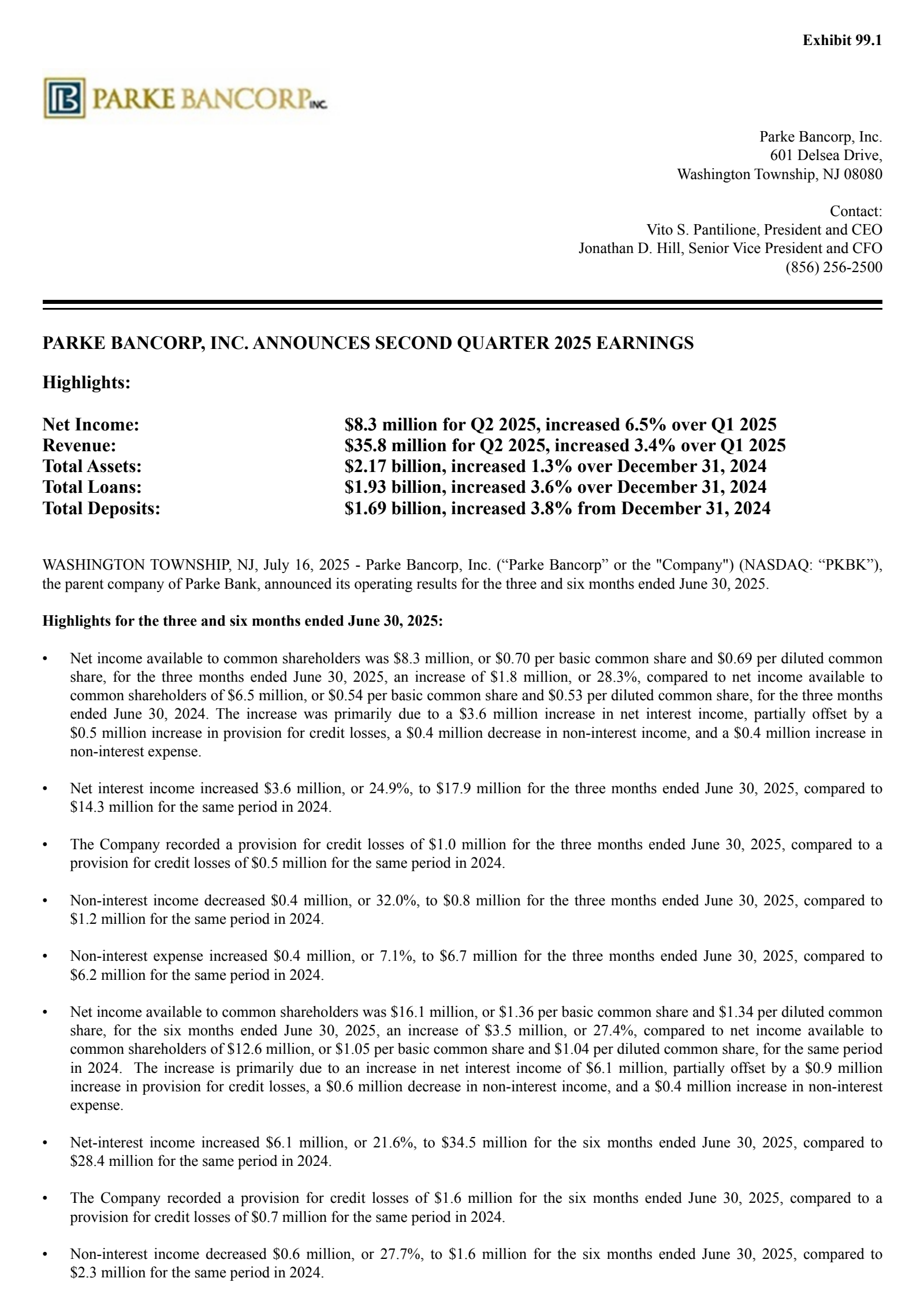 Parke Bancorp's Q2 2025 Press Release