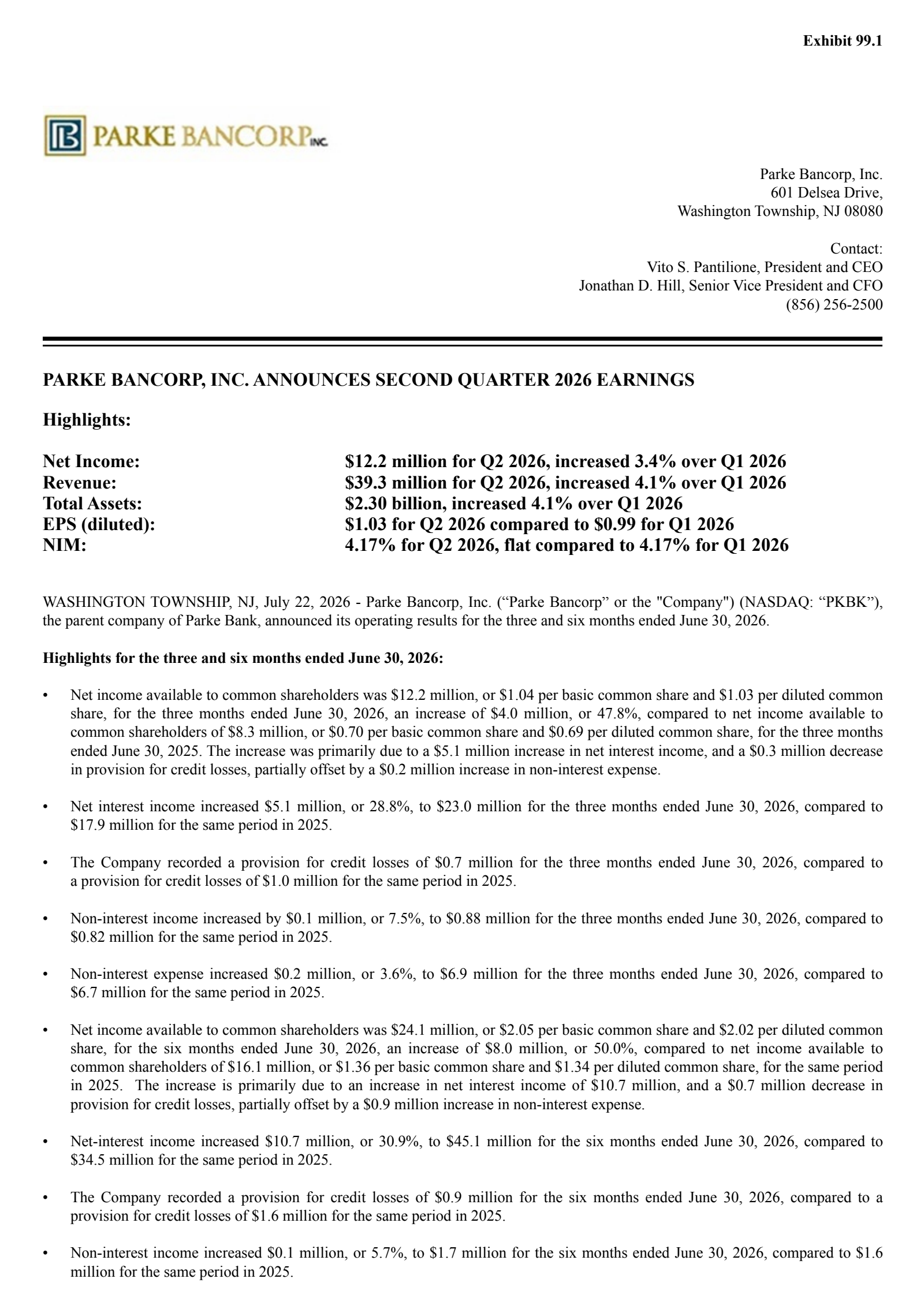 Parke Bancorp's Q2 2026 Press Release