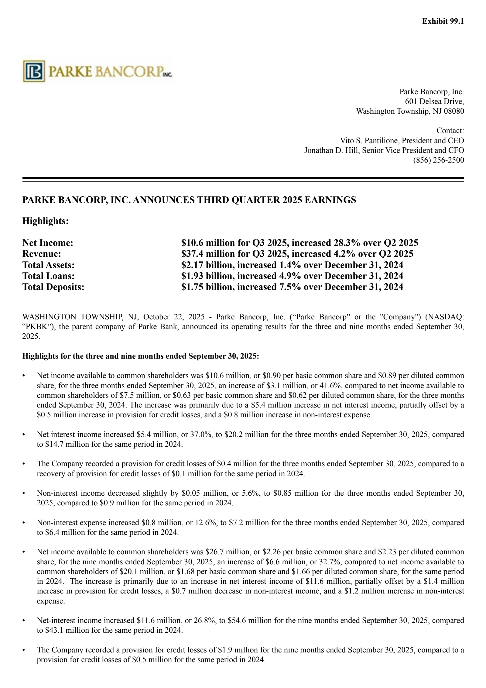 Parke Bancorp's Q3 2025 Earnings Release