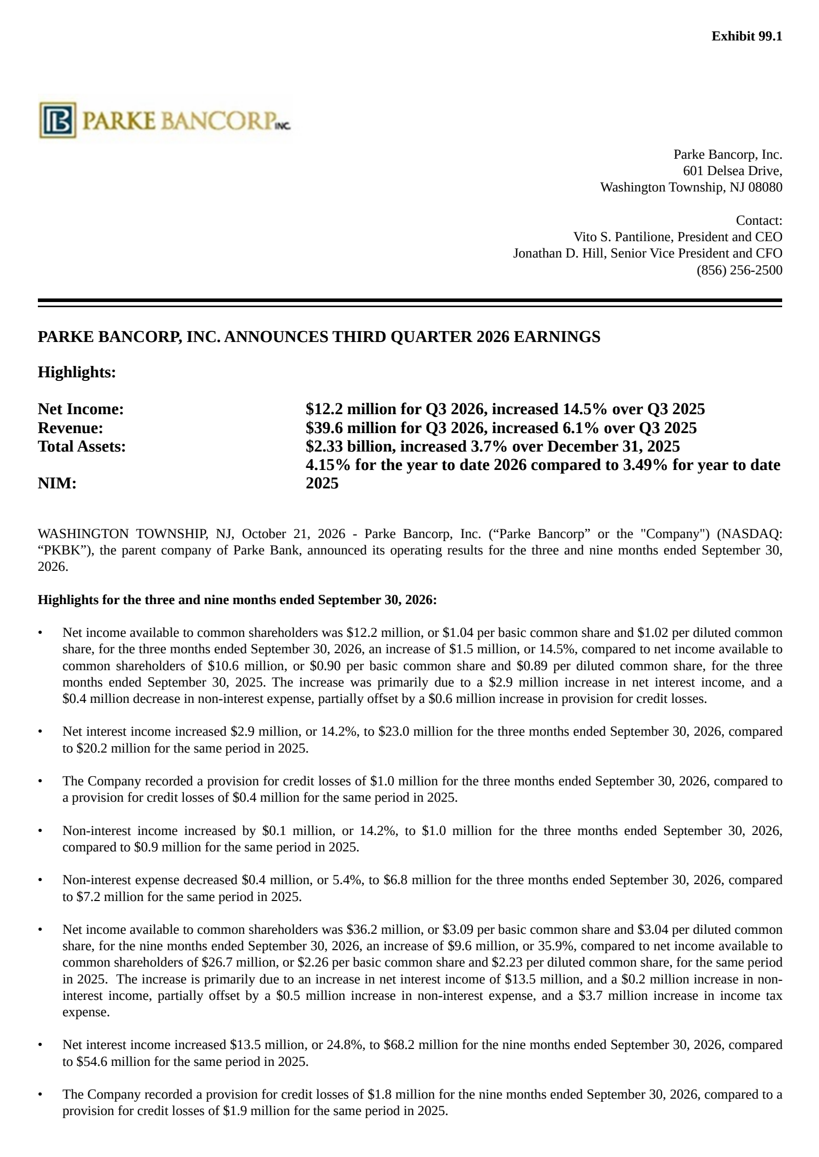 Parke Bancorp's Q3 2026 Press Release