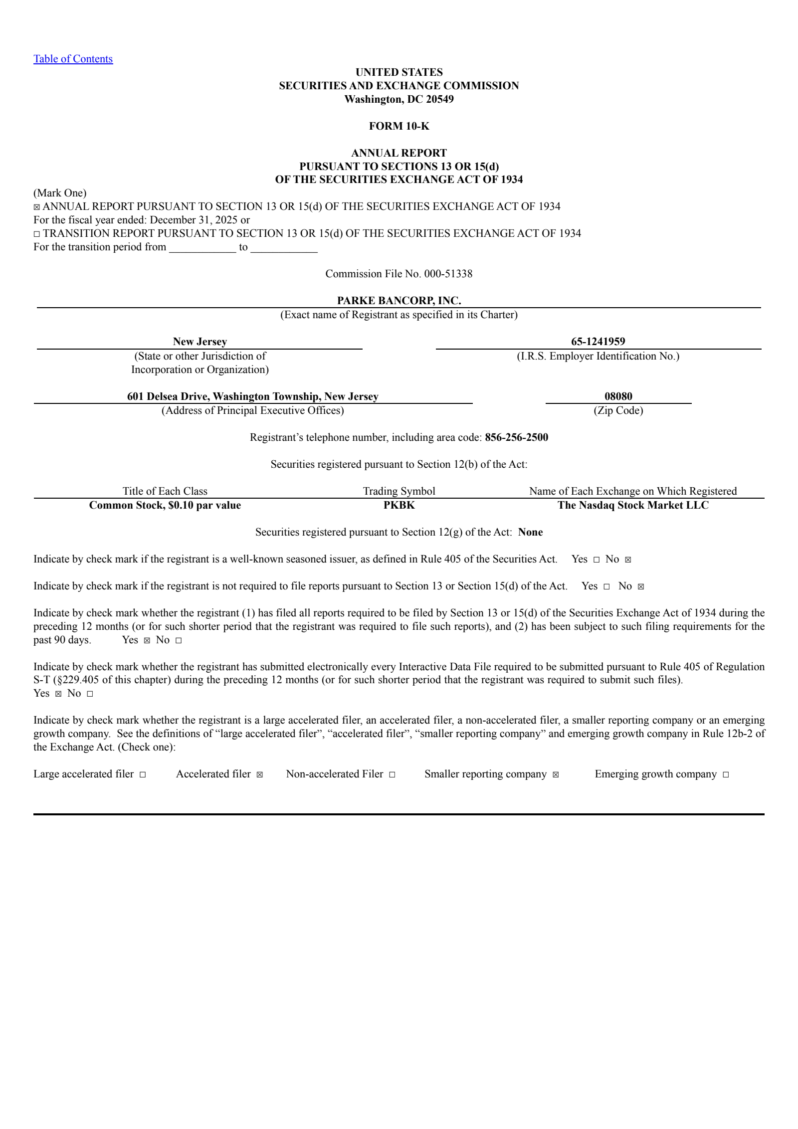 Parke Bancorp's Q4 2025 Annual report