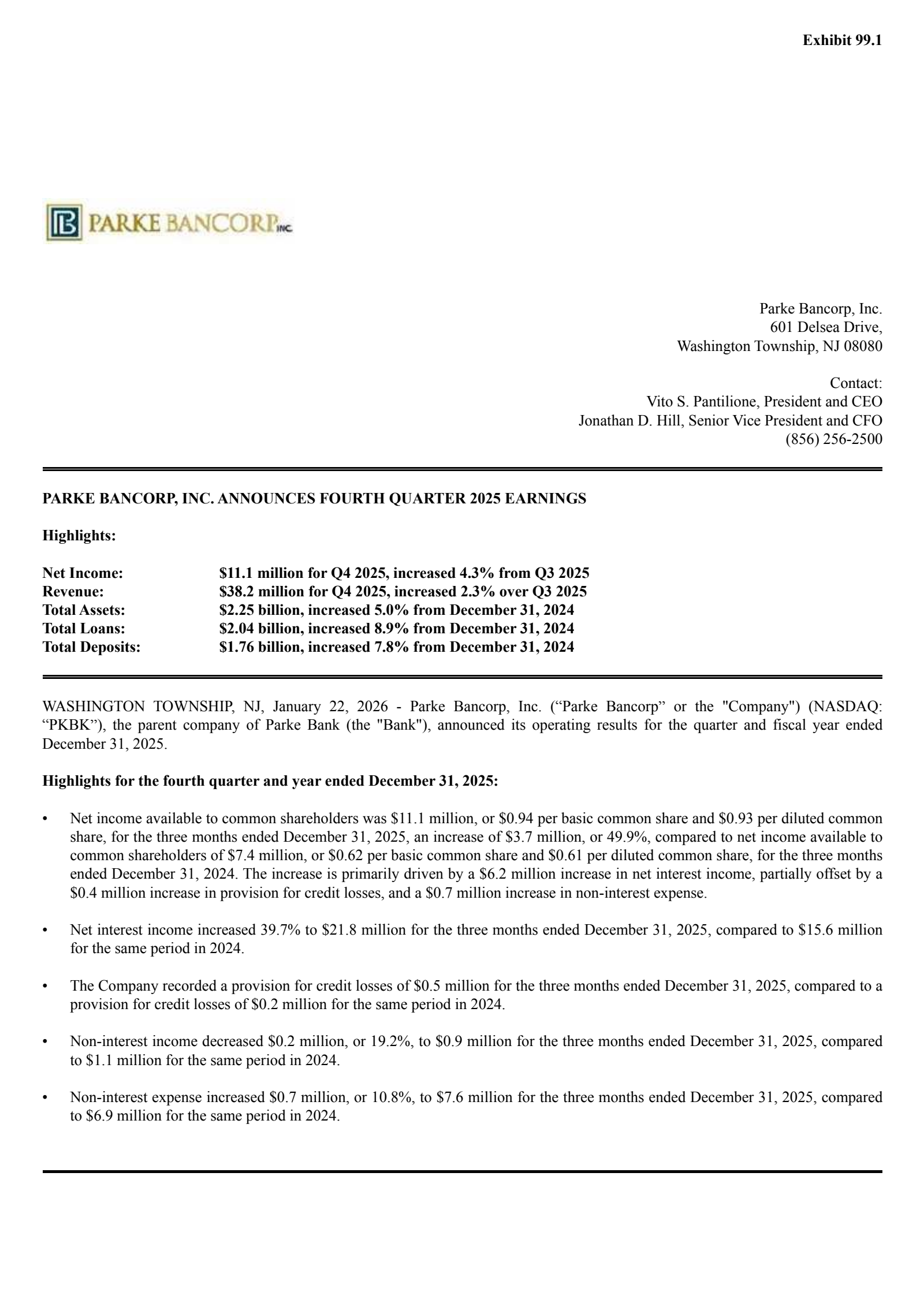 Parke Bancorp's Q4 2025 Press Release