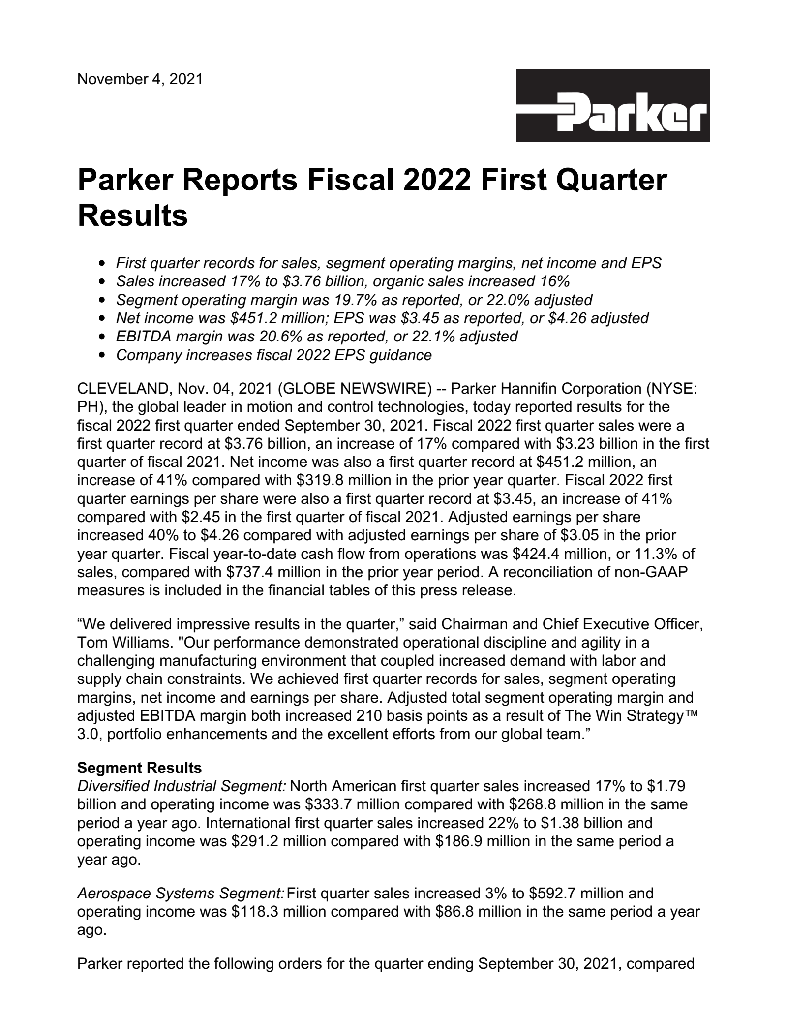 Parker-Hannifin's Q1 2022 Press Release