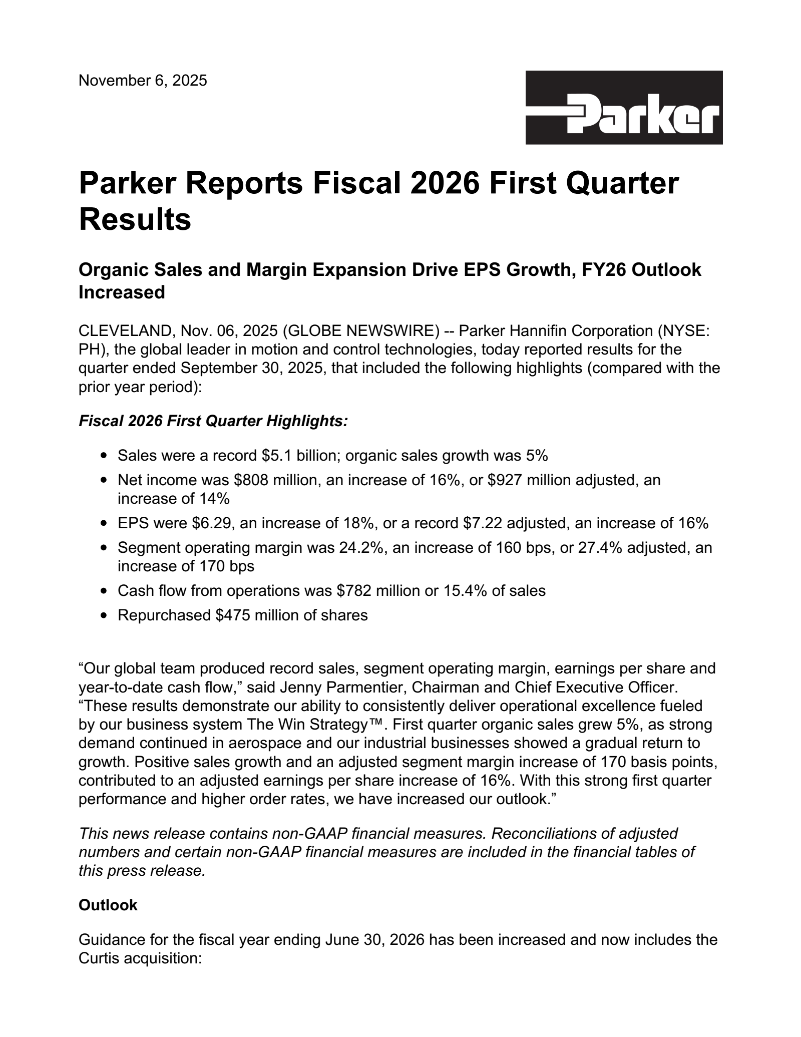 Parker-Hannifin's Q1 2026 Earnings Release