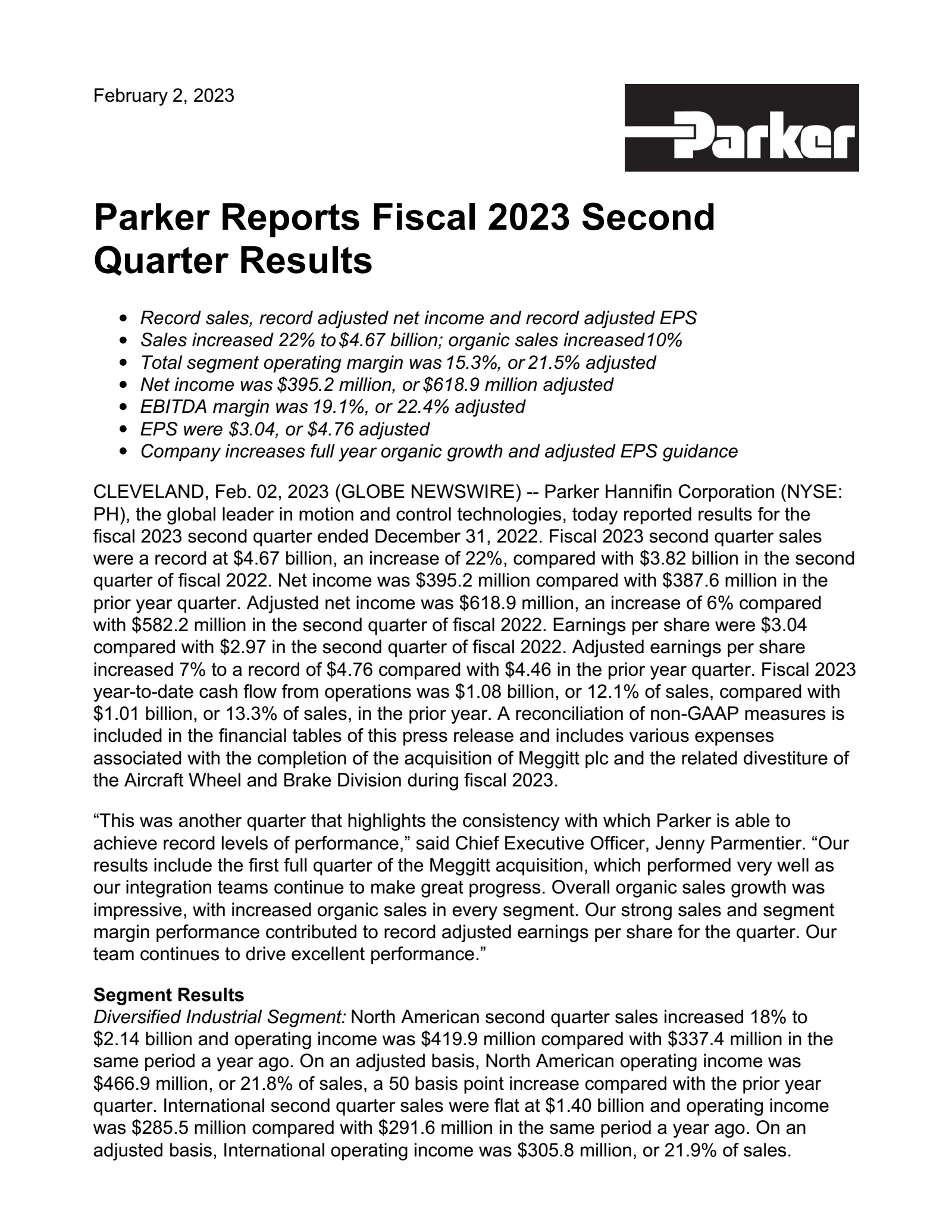 Parker-Hannifin's Q2 2023 Press Release