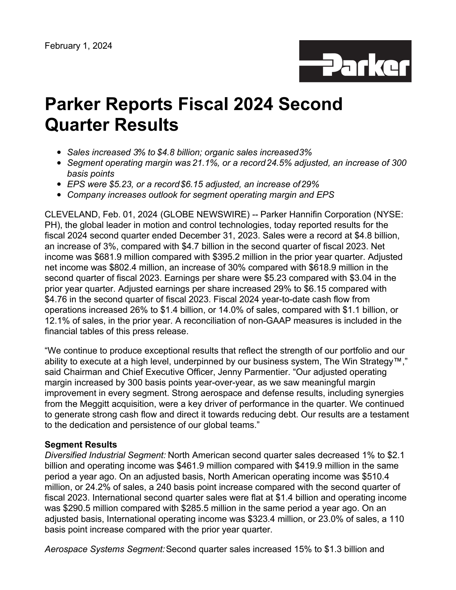 Parker-Hannifin's Q2 2024 Press Release