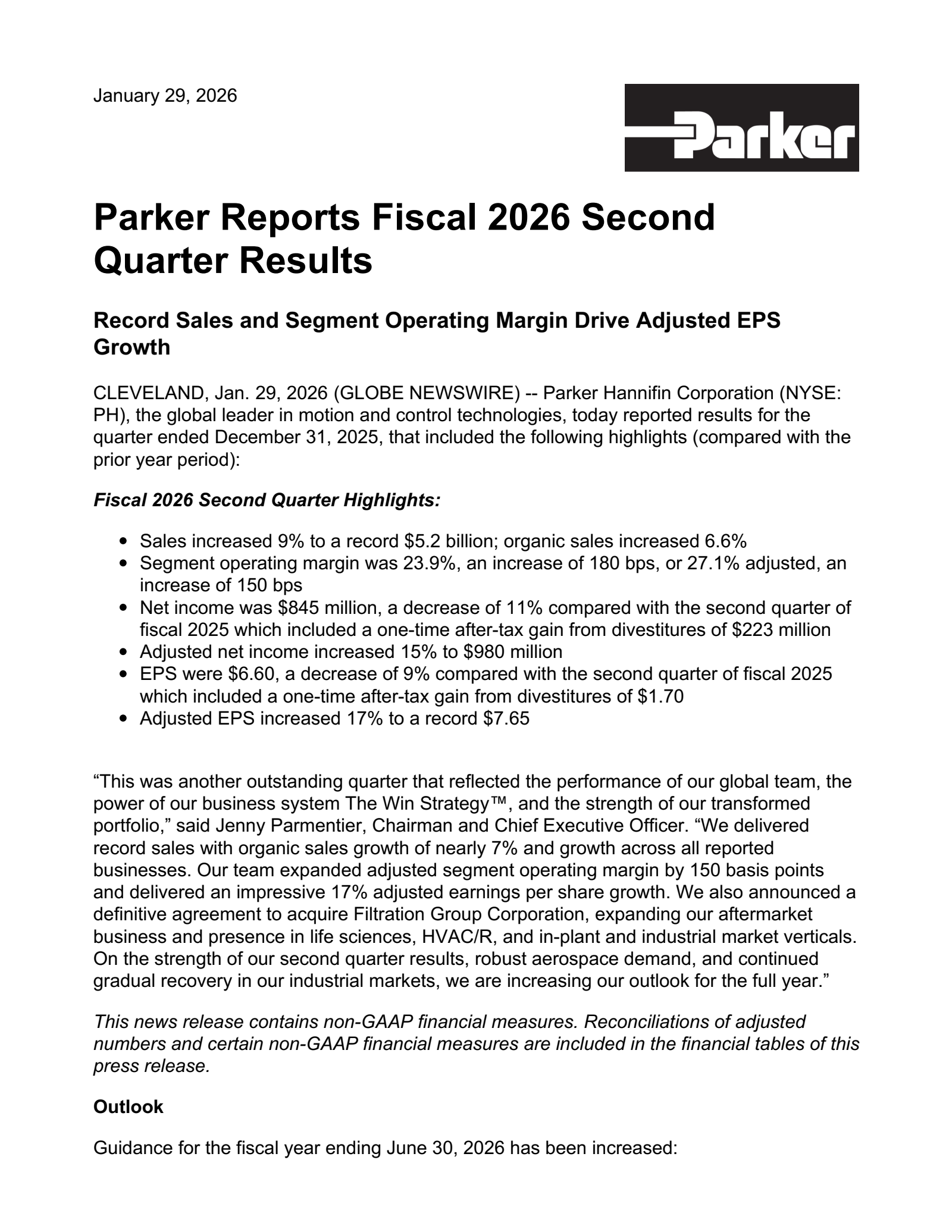 Parker-Hannifin's Q2 2026 Press Release
