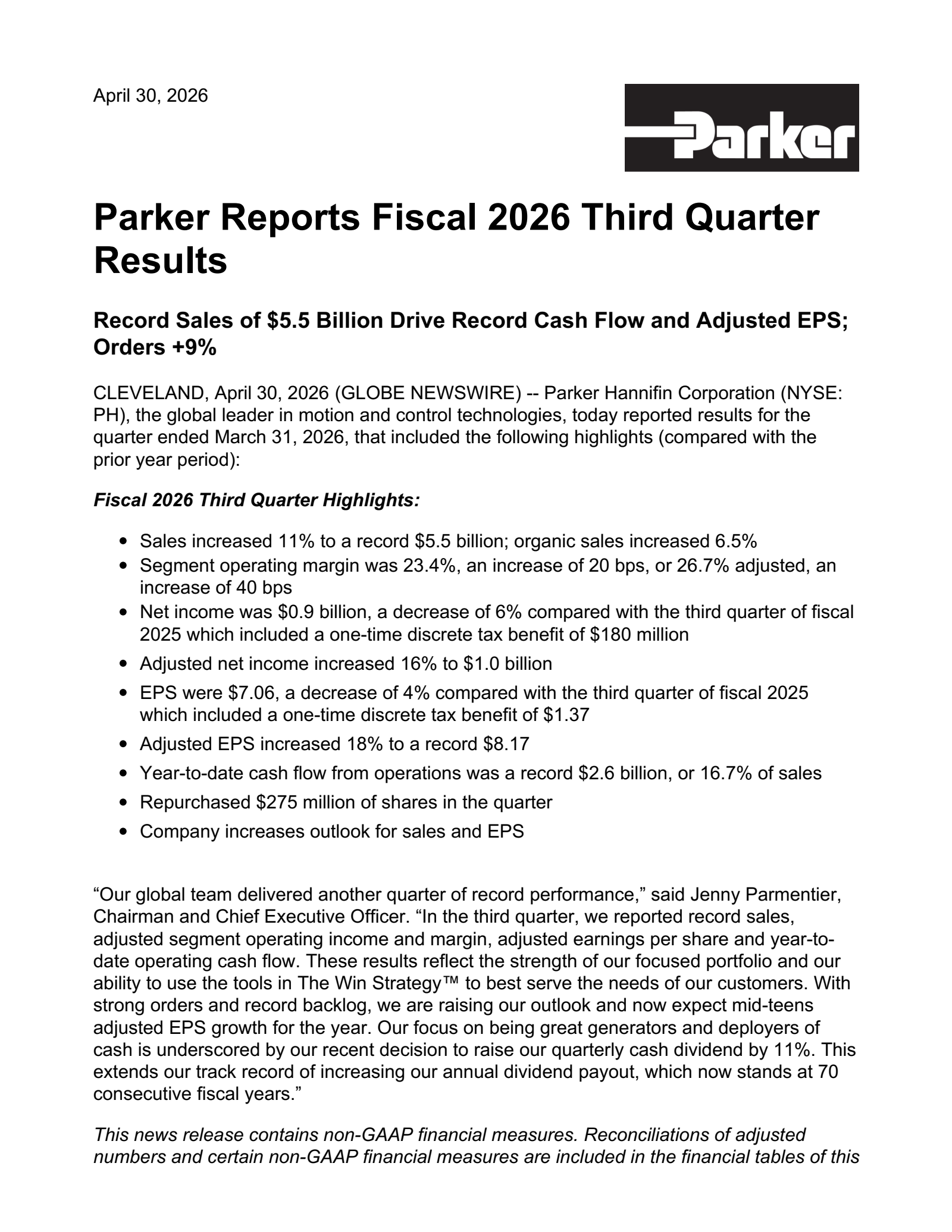 Parker-Hannifin's Q3 2026 Press Release
