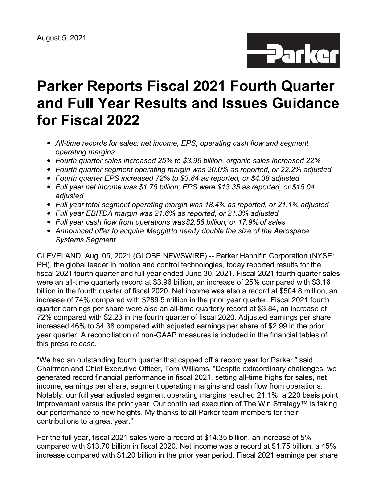 Parker-Hannifin's Q4 2021 Press Release