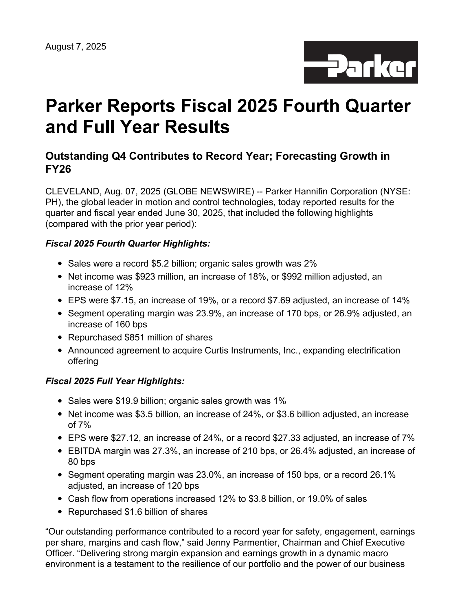 Parker-Hannifin's Q4 2025 Press Release