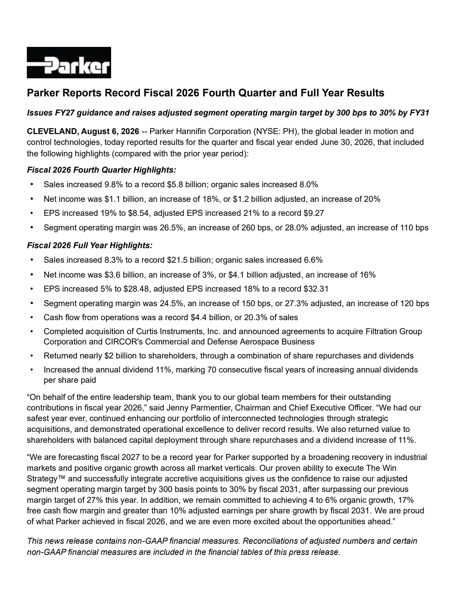 Parker-Hannifin's Q4 2026 Press Release
