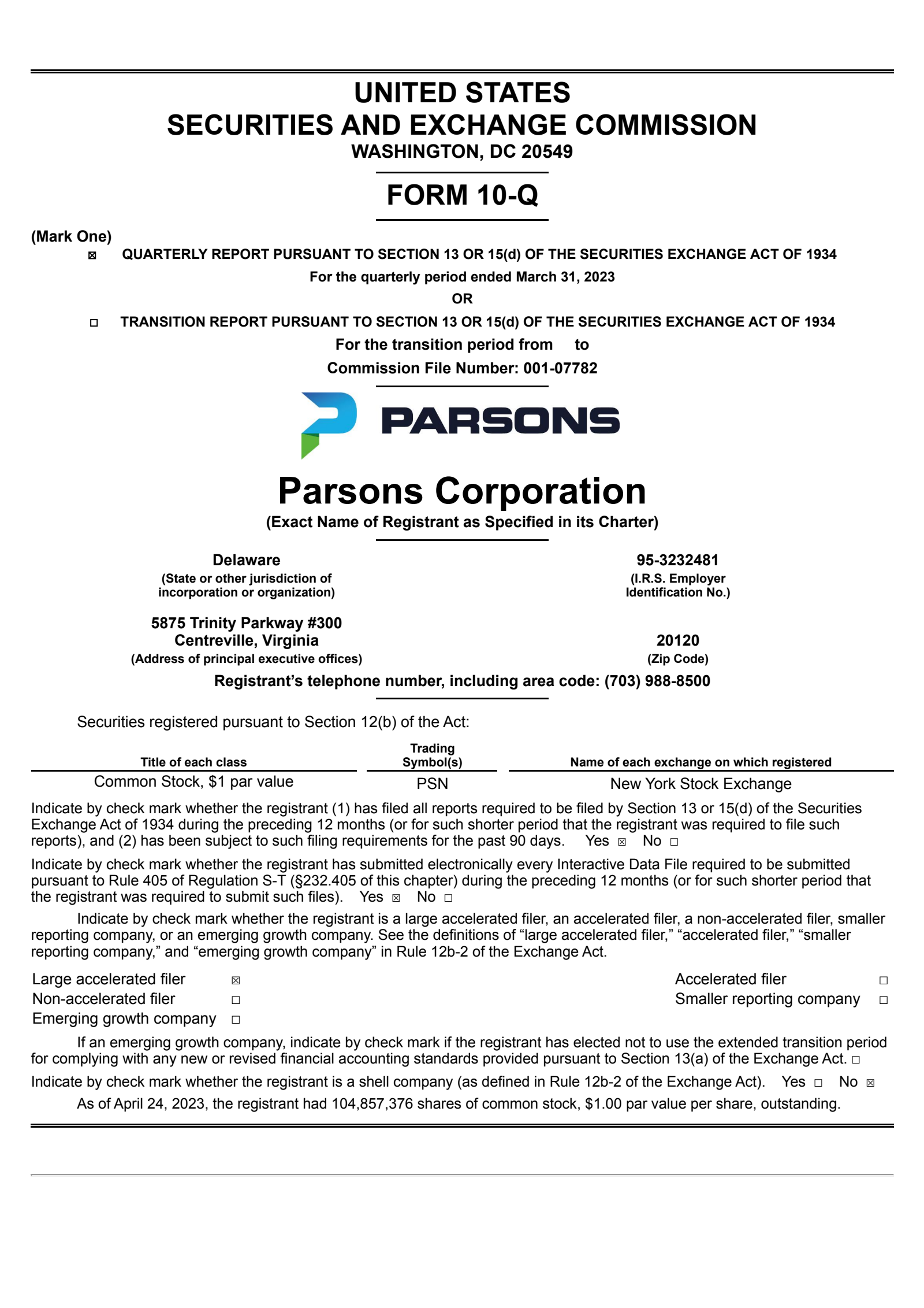 Parsons' Q1 2023 Quarterly report