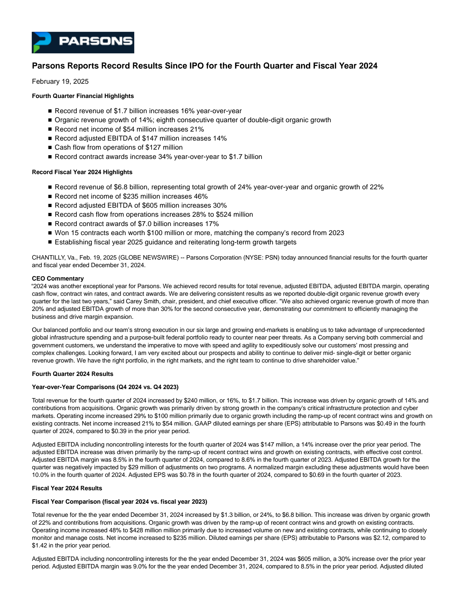 Parsons' Q4 2024 Press Release