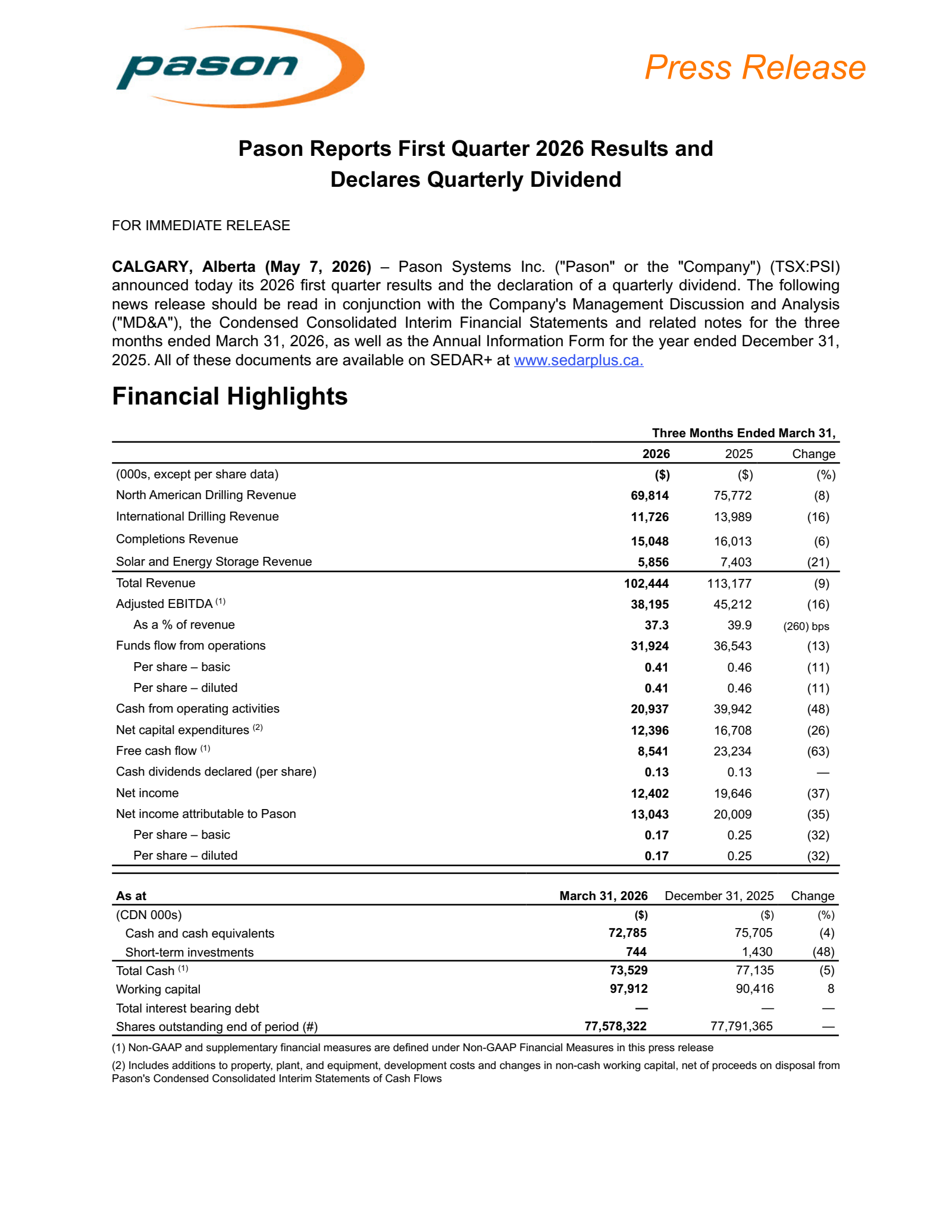 Pason Systems' Q1 2026 Press Release