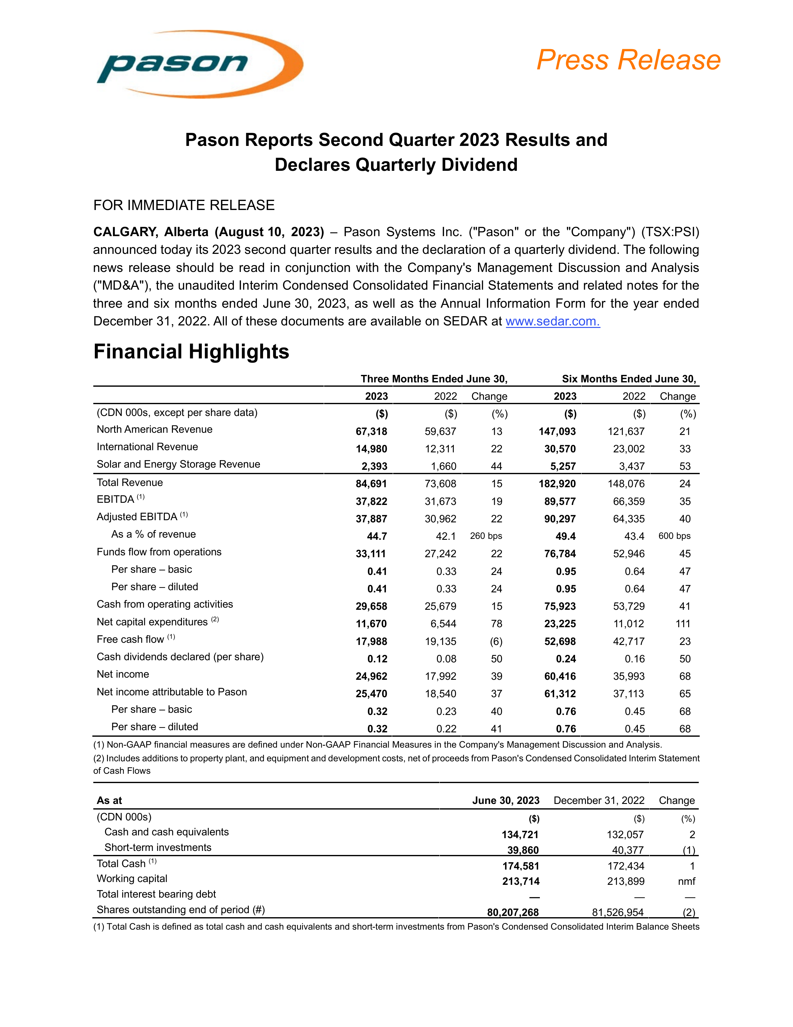 Pason Systems' Q2 2023 Press Release