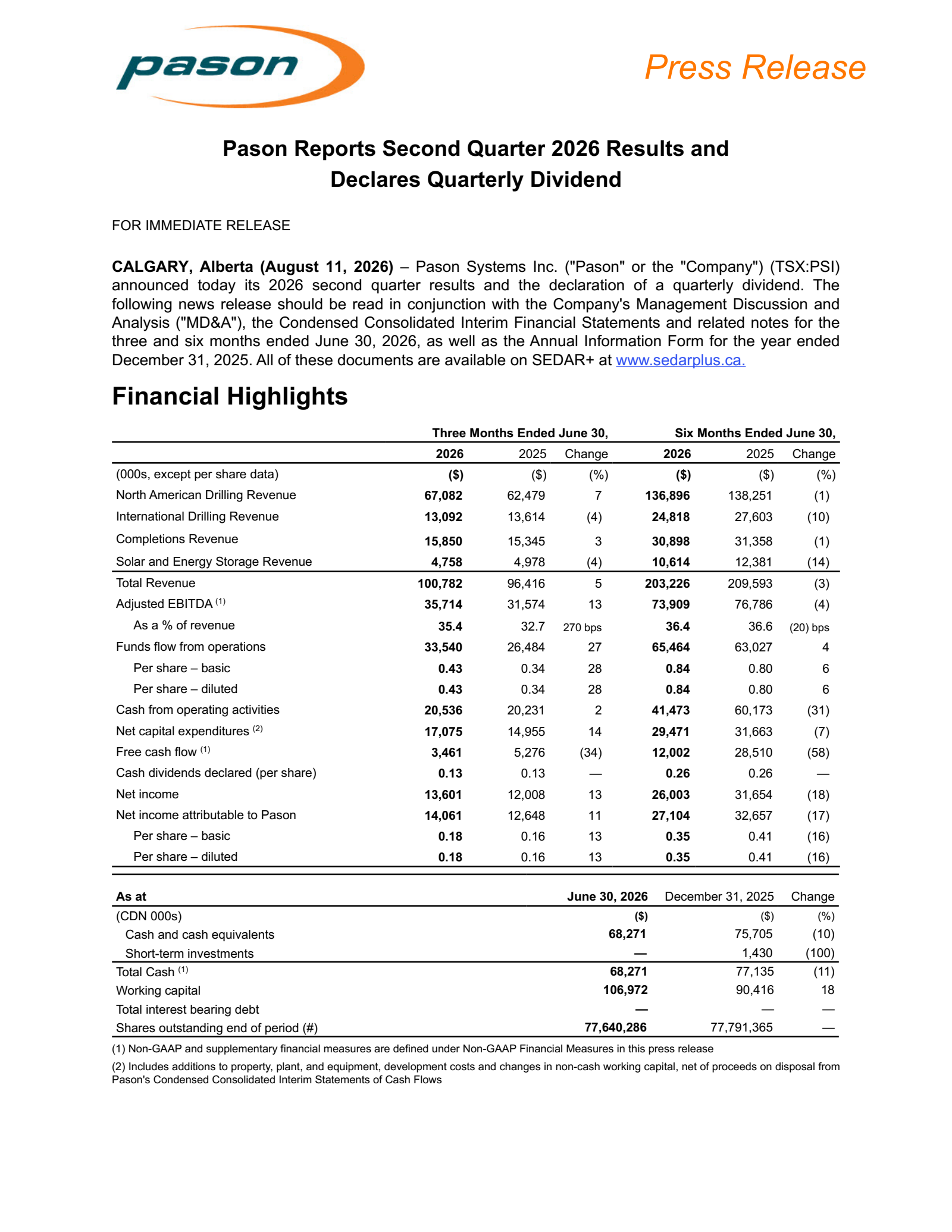 Pason Systems' Q2 2026 Press Release