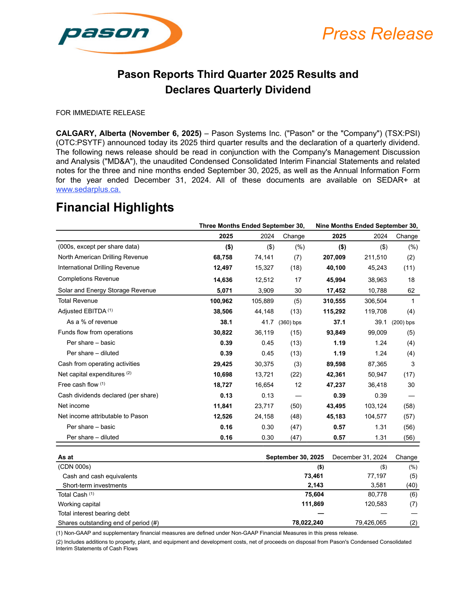 Pason Systems' Q3 2025 Earnings Release