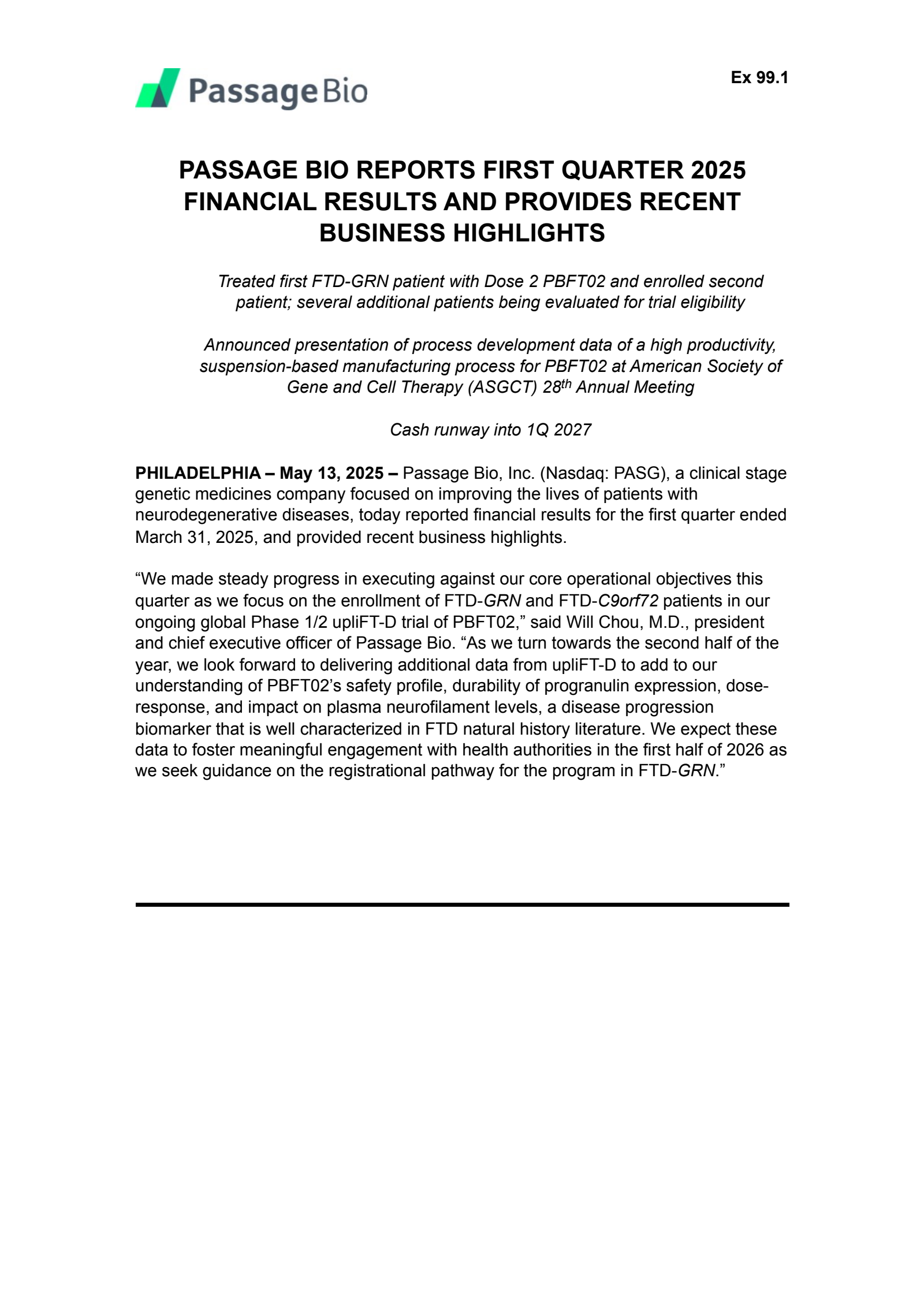 Passage Bio's Q1 2025 Press Release