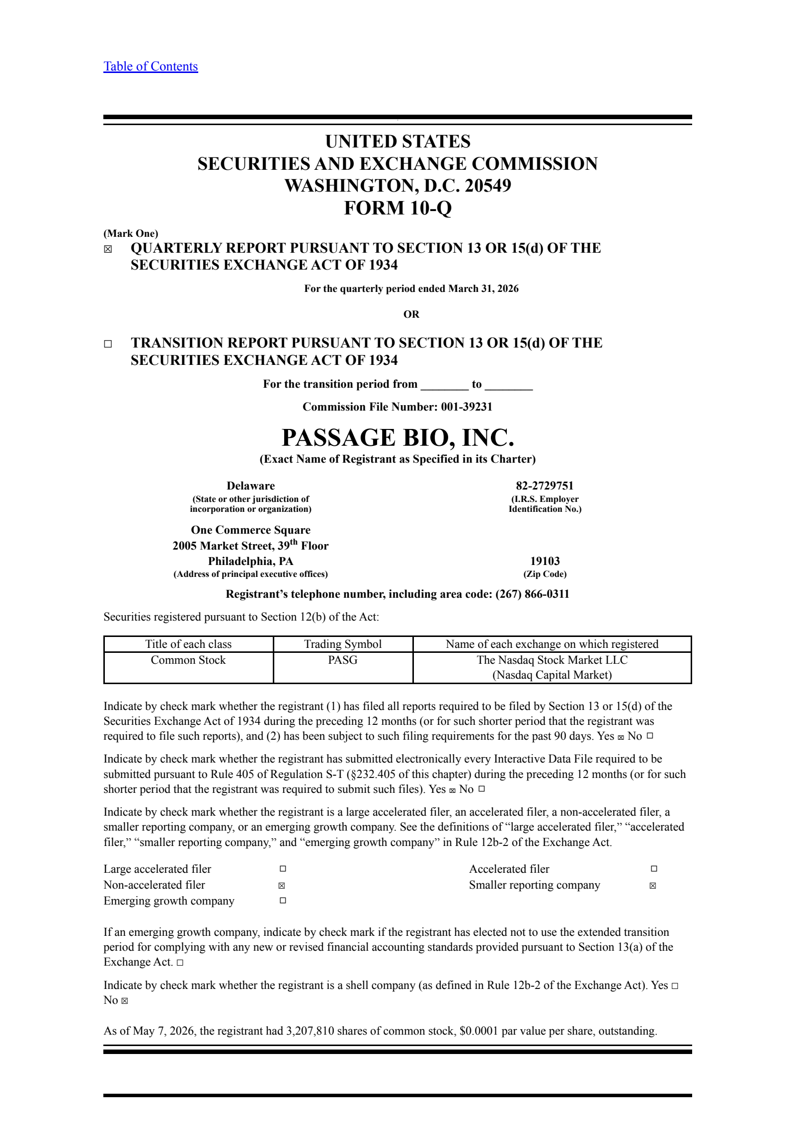 Passage Bio's Q1 2026 Quarterly report