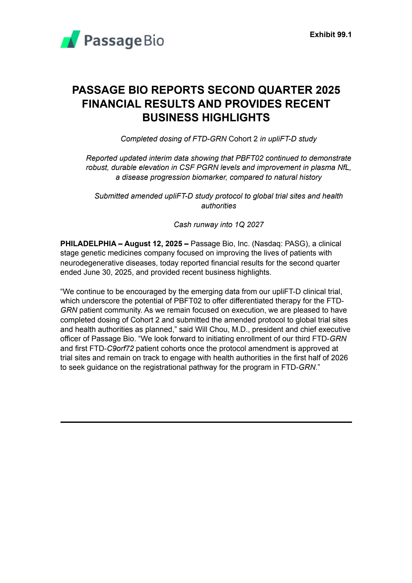 Passage Bio's Q2 2025 Press Release