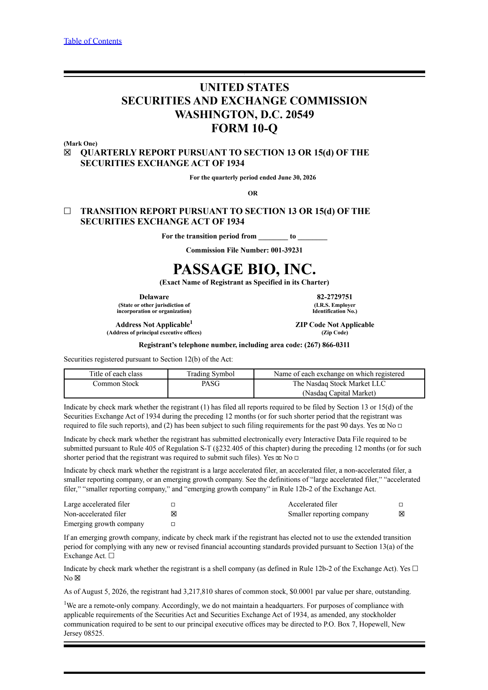Passage Bio's Q2 2026 Quarterly report