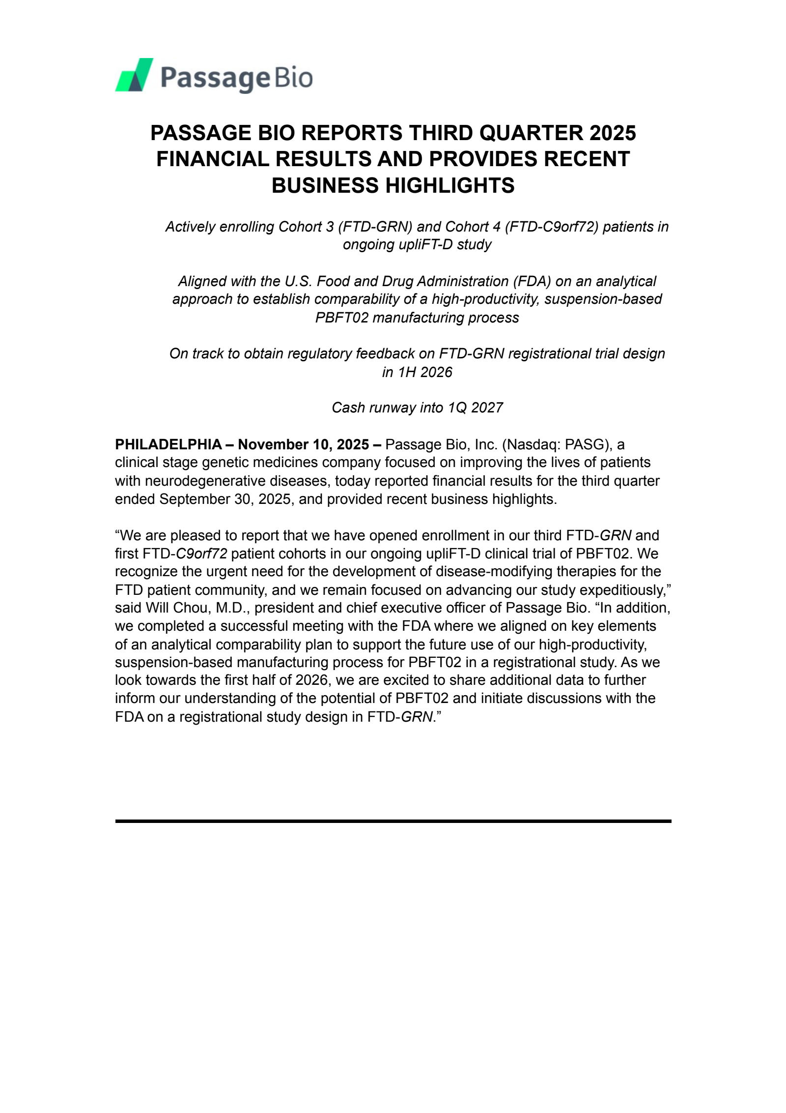 Passage Bio's Q3 2025 Earnings Release