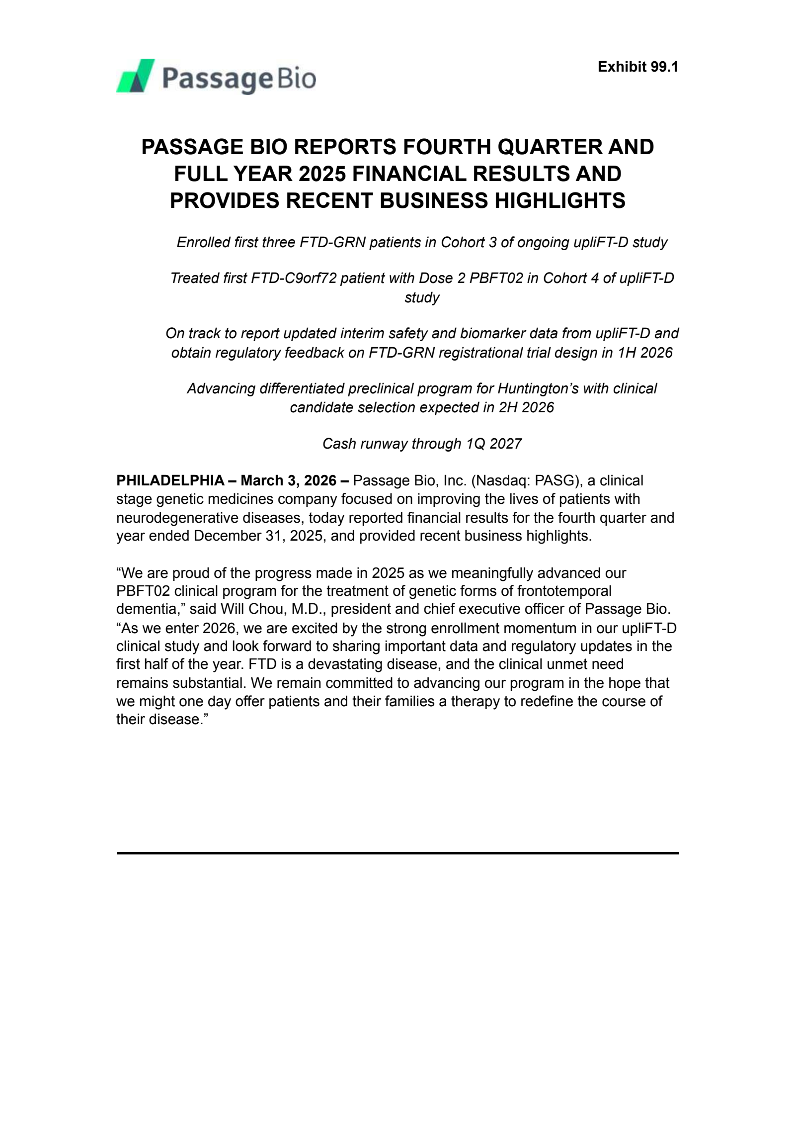 Passage Bio's Q4 2025 Press Release