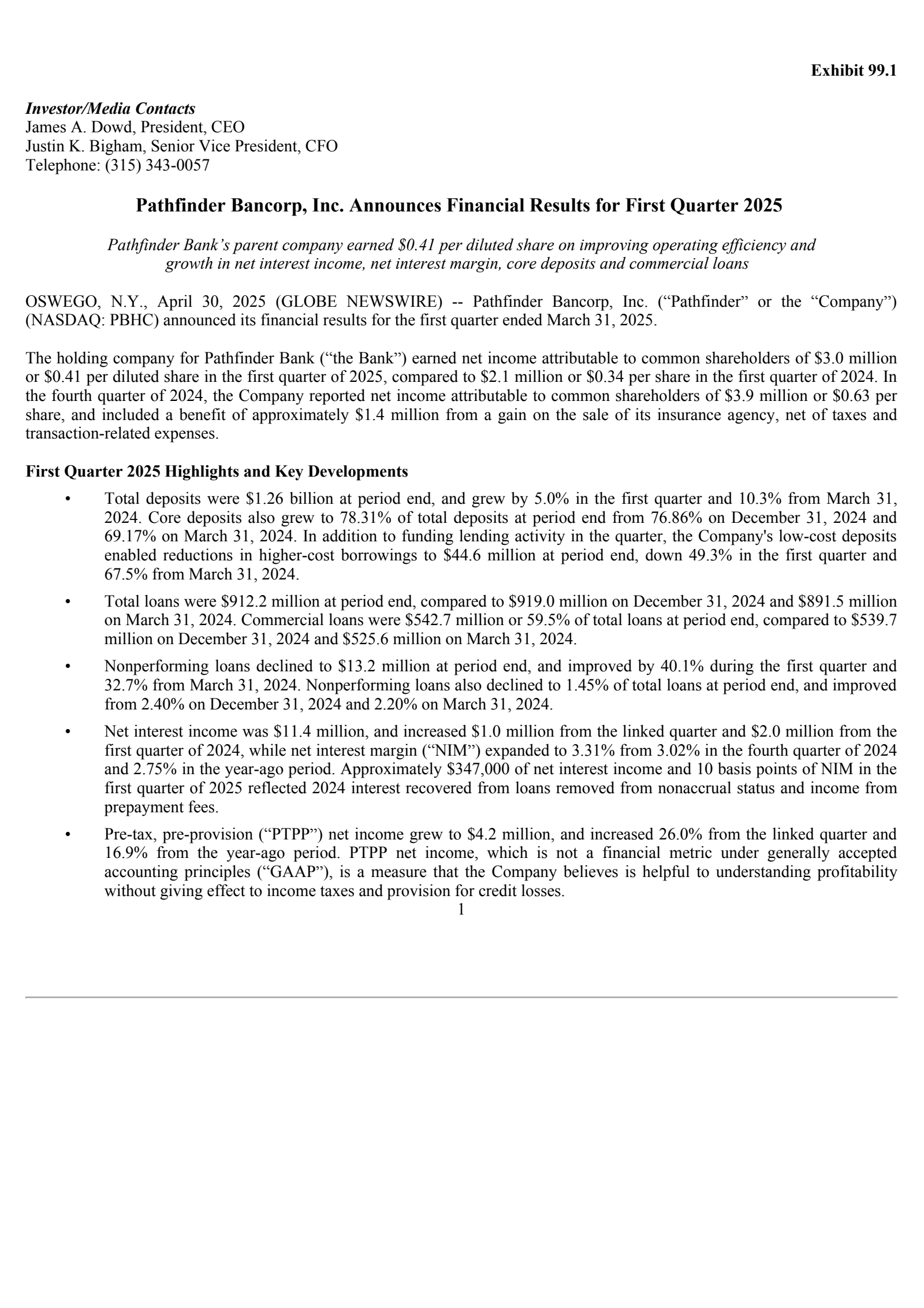 Pathfinder Bancorp's Q1 2025 Press Release