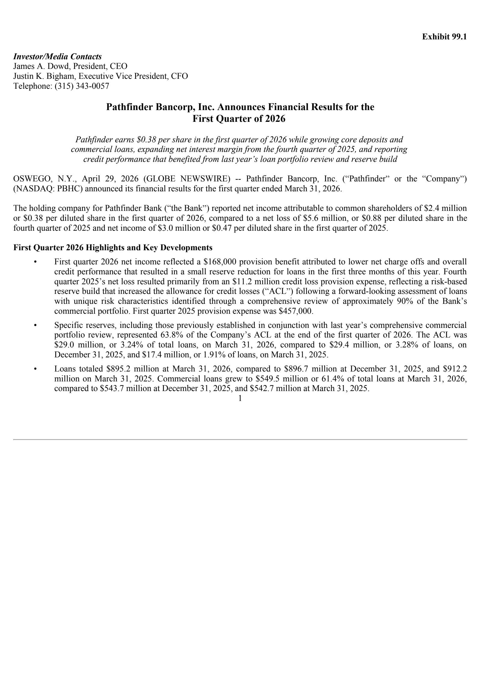 Pathfinder Bancorp's Q1 2026 Press Release
