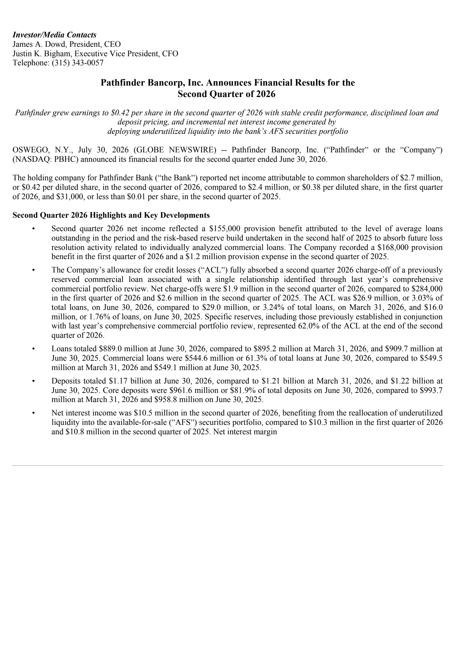 Pathfinder Bancorp's Q2 2026 Press Release