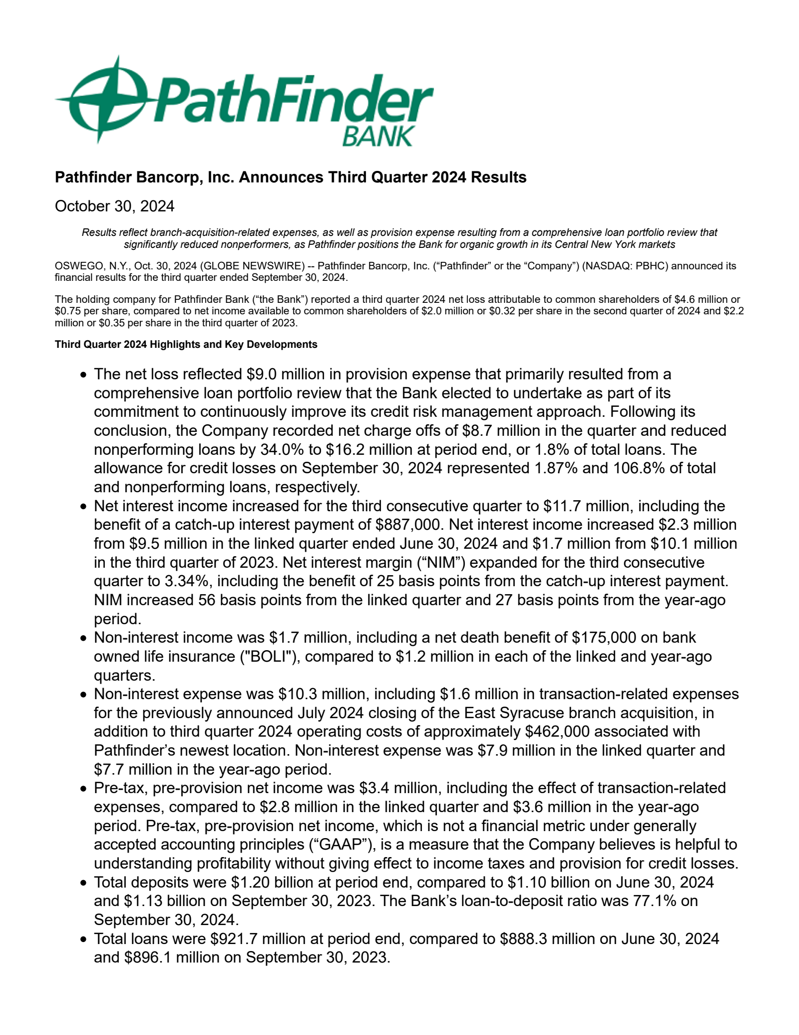 Pathfinder Bancorp's Q3 2024 Press Release