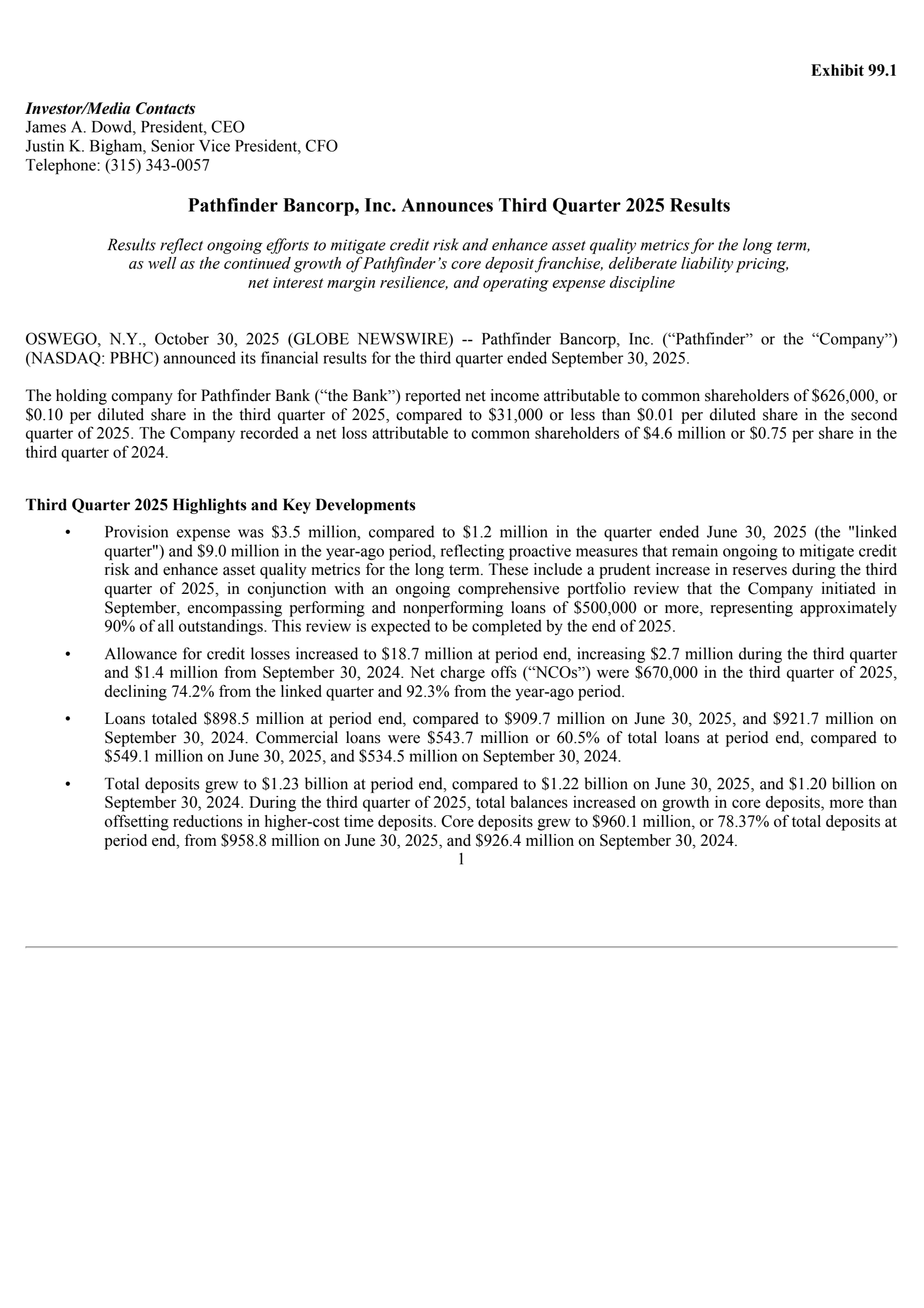 Pathfinder Bancorp's Q3 2025 Press Release