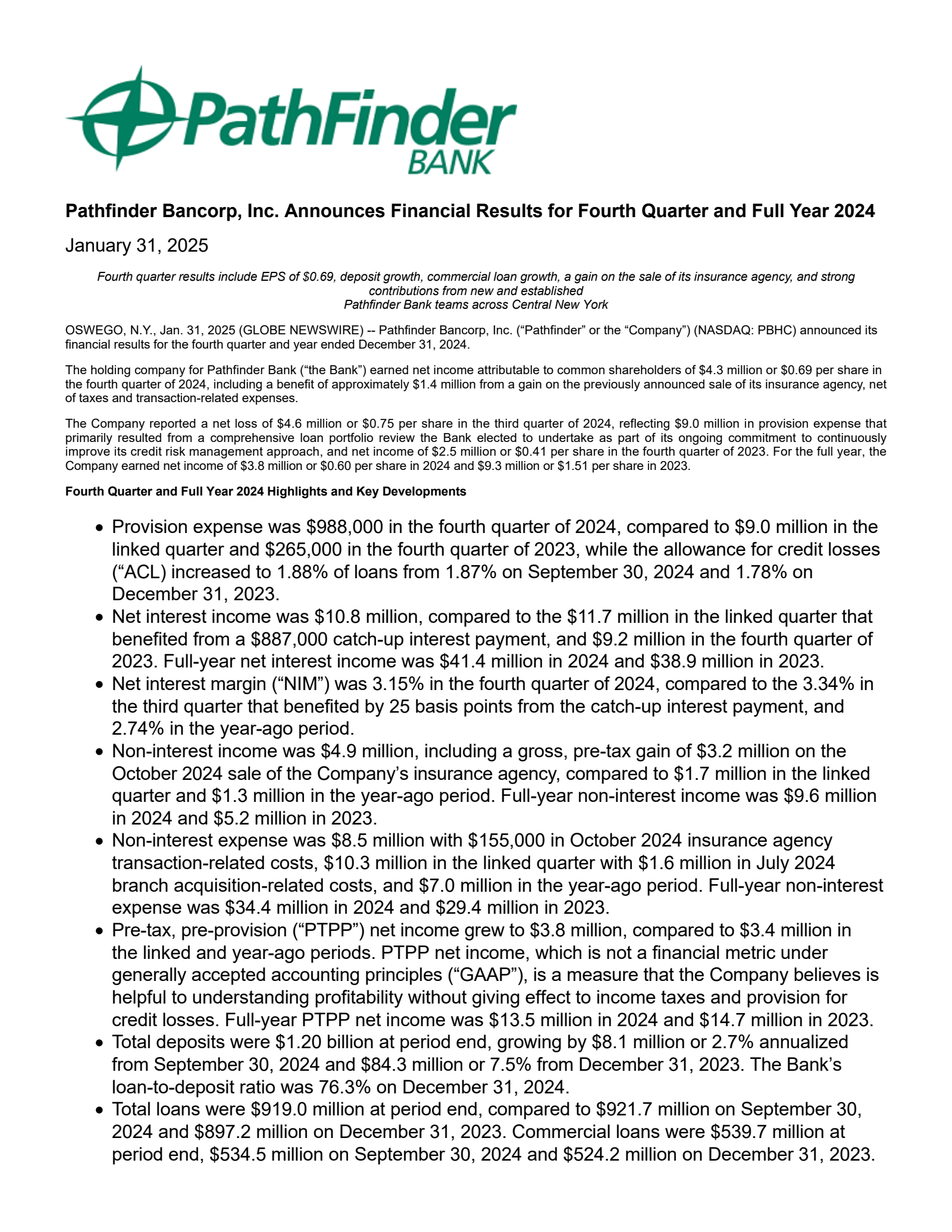 Pathfinder Bancorp's Q4 2024 Press Release