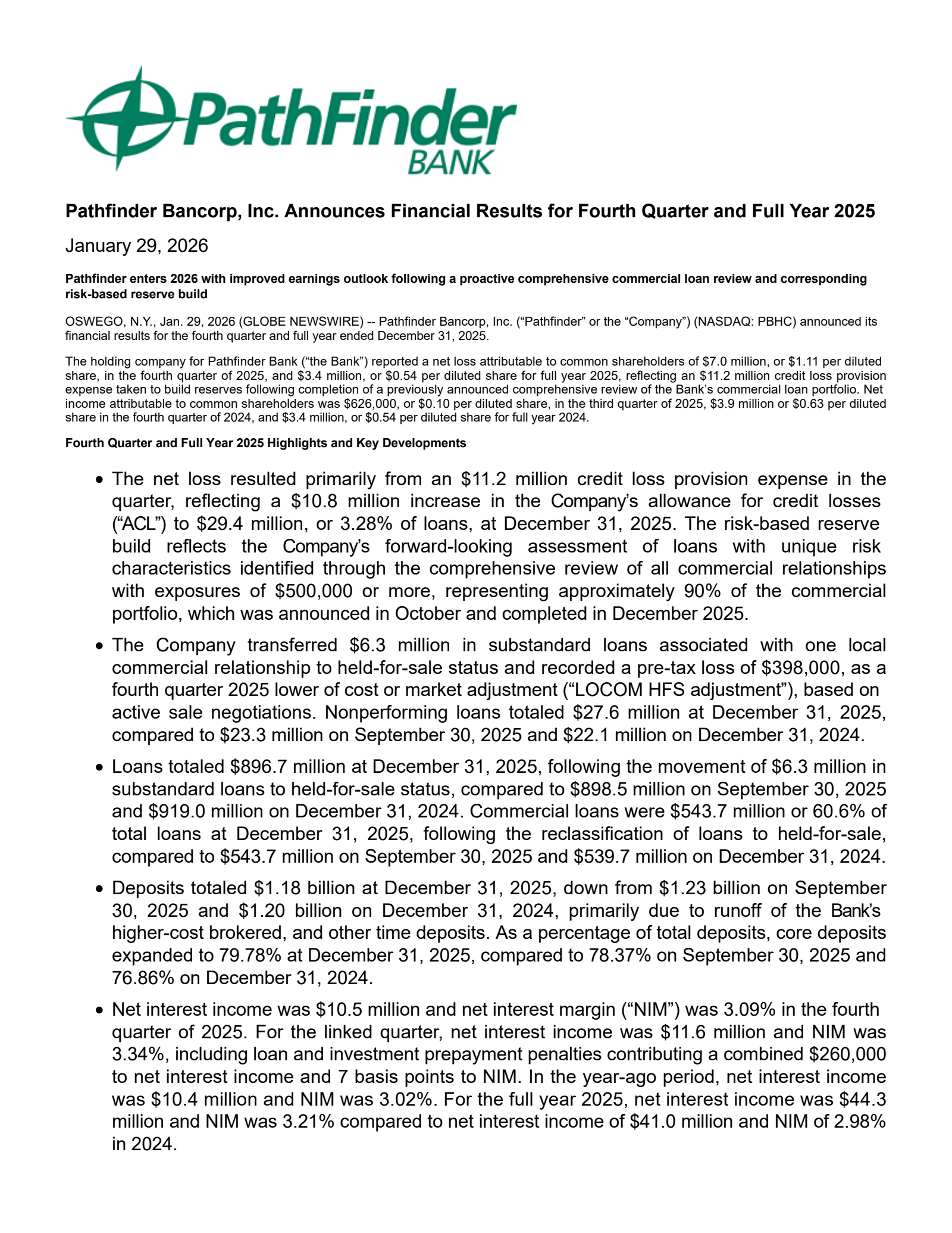 Pathfinder Bancorp's Q4 2025 Press Release
