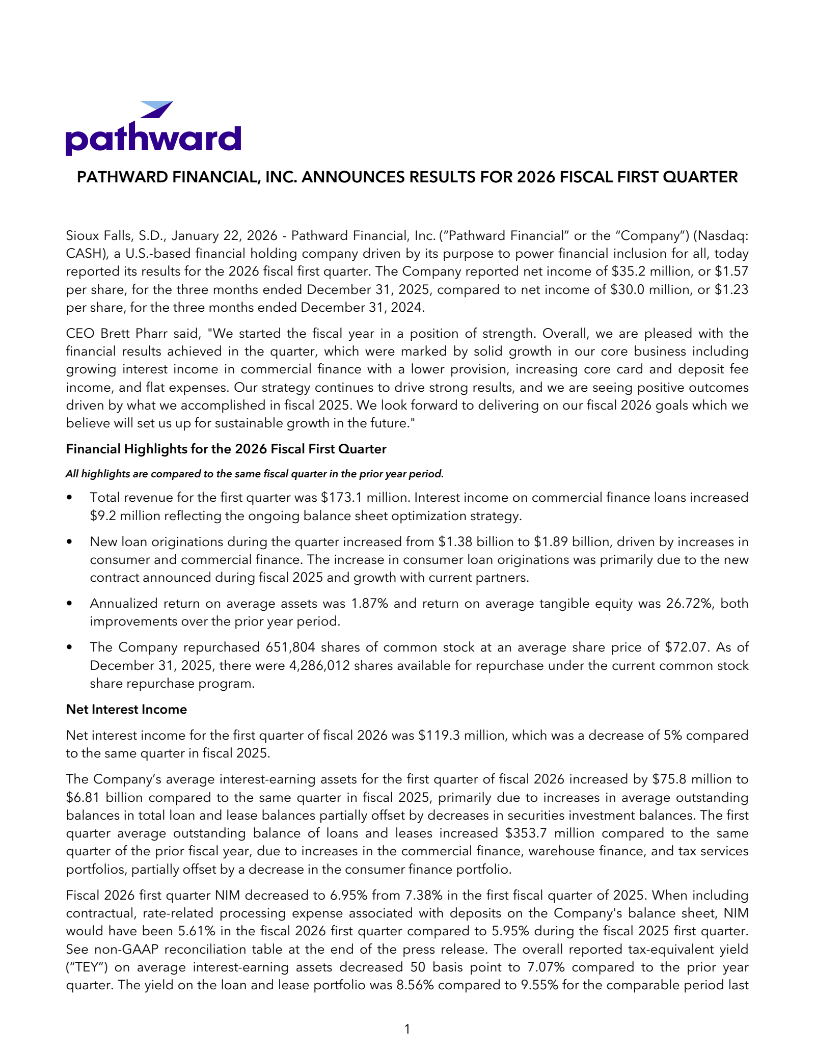 Pathward Financial's Q1 2026 Press Release