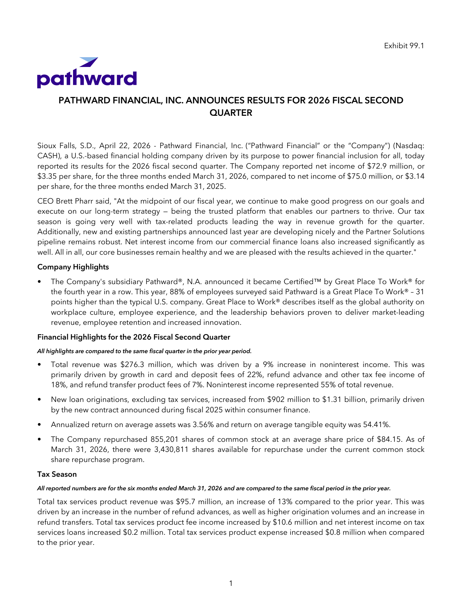 Pathward Financial's Q2 2026 Press Release