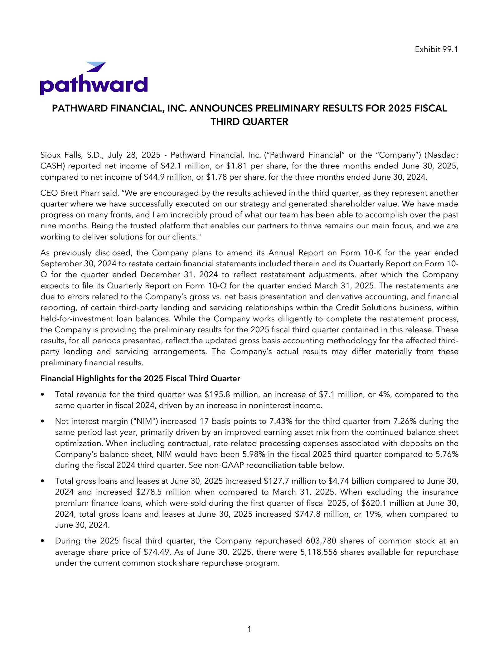 Pathward Financial's Q3 2025 Press Release
