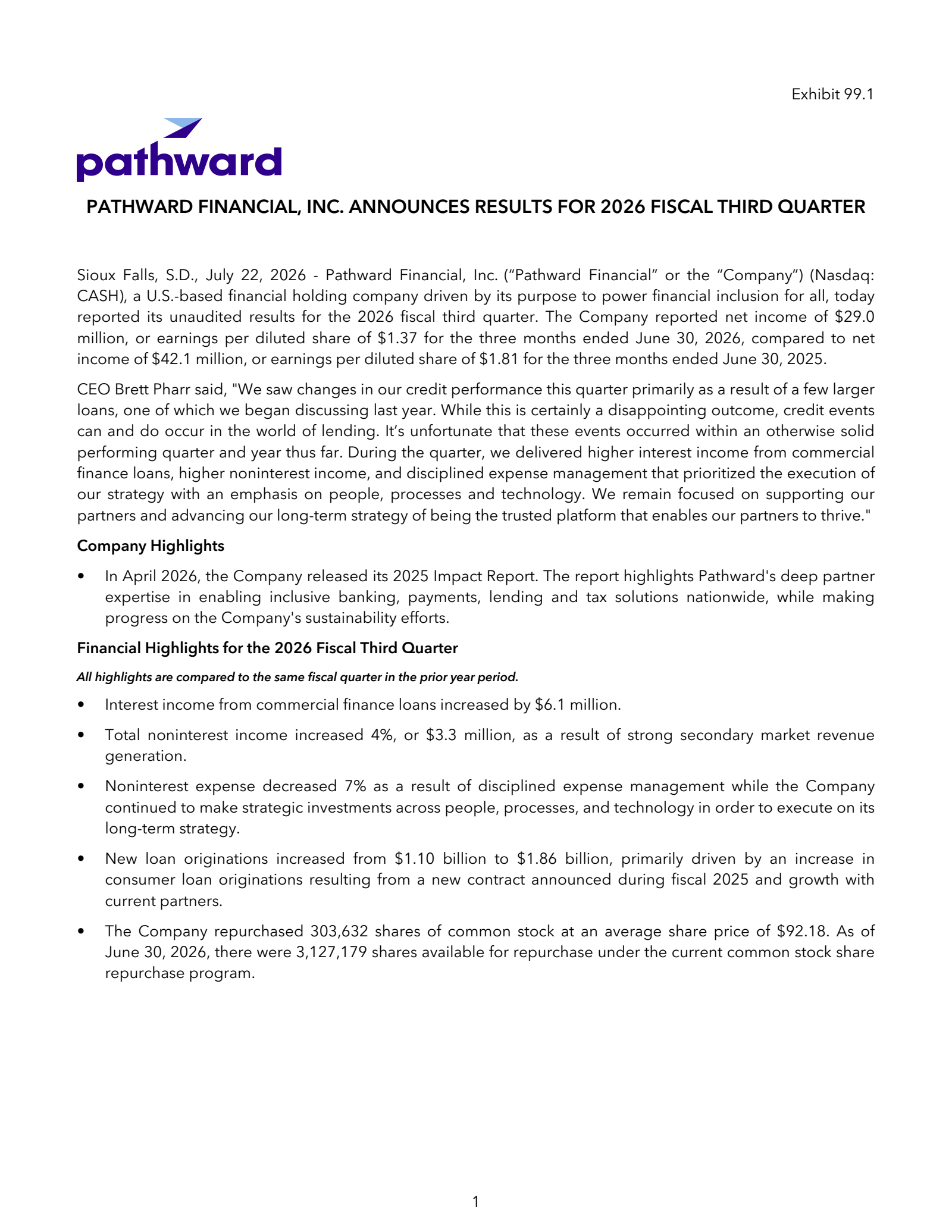 Pathward Financial's Q3 2026 Press Release