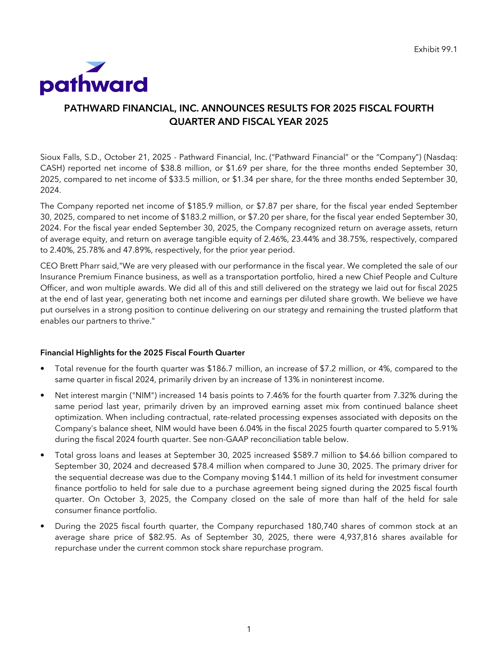 Pathward Financial's Q4 2025 Earnings Release