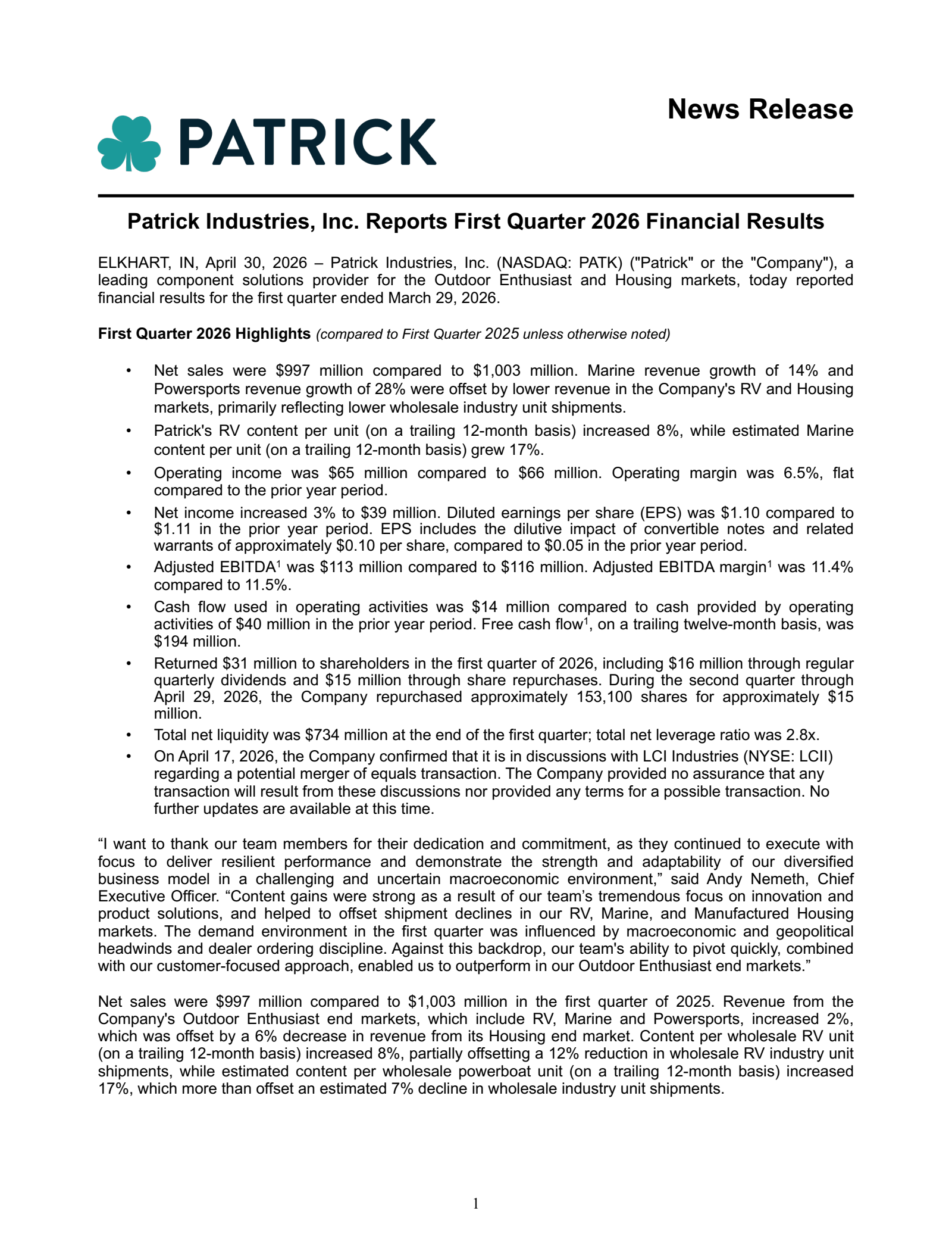 Patrick Industries' Q1 2026 Press Release