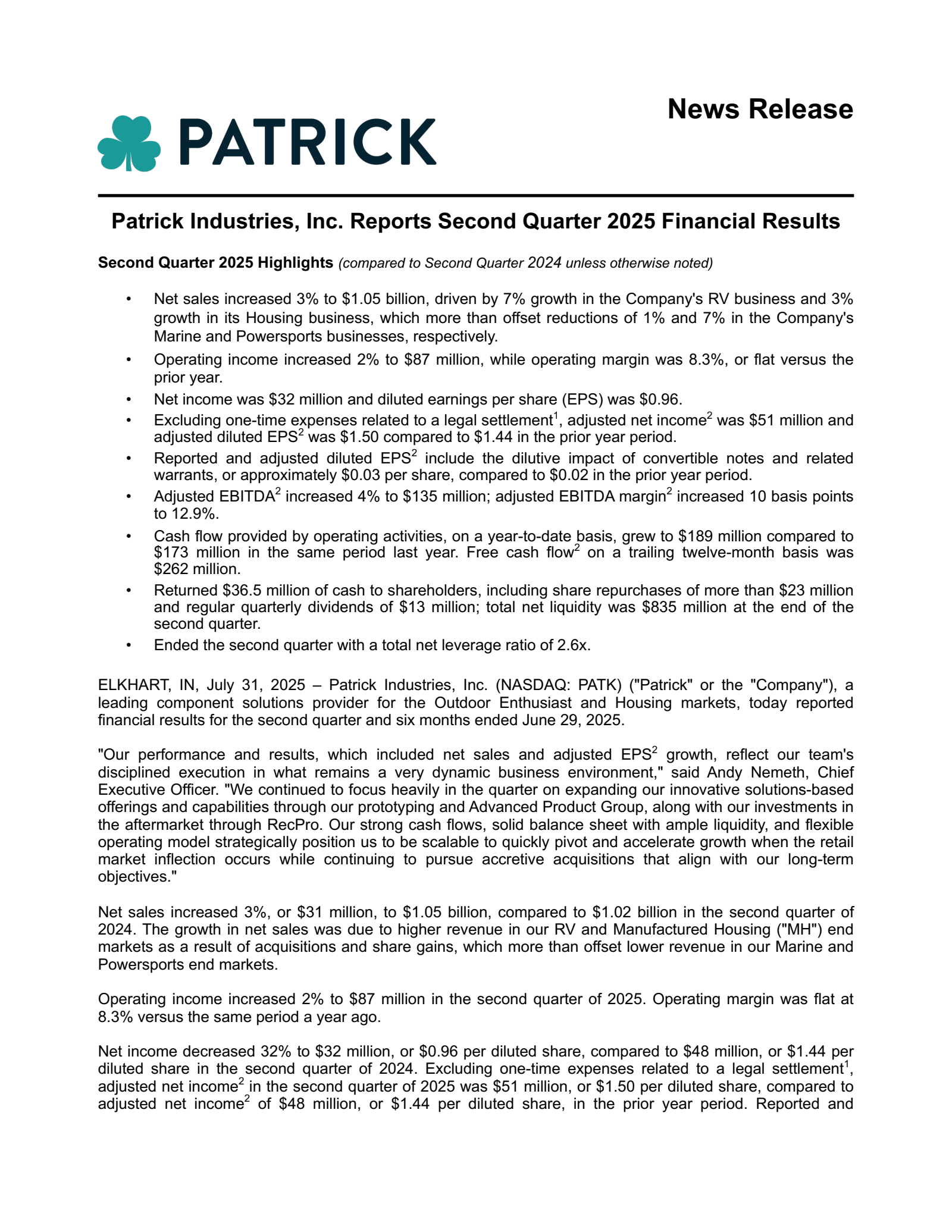 Patrick Industries' Q2 2025 Press Release