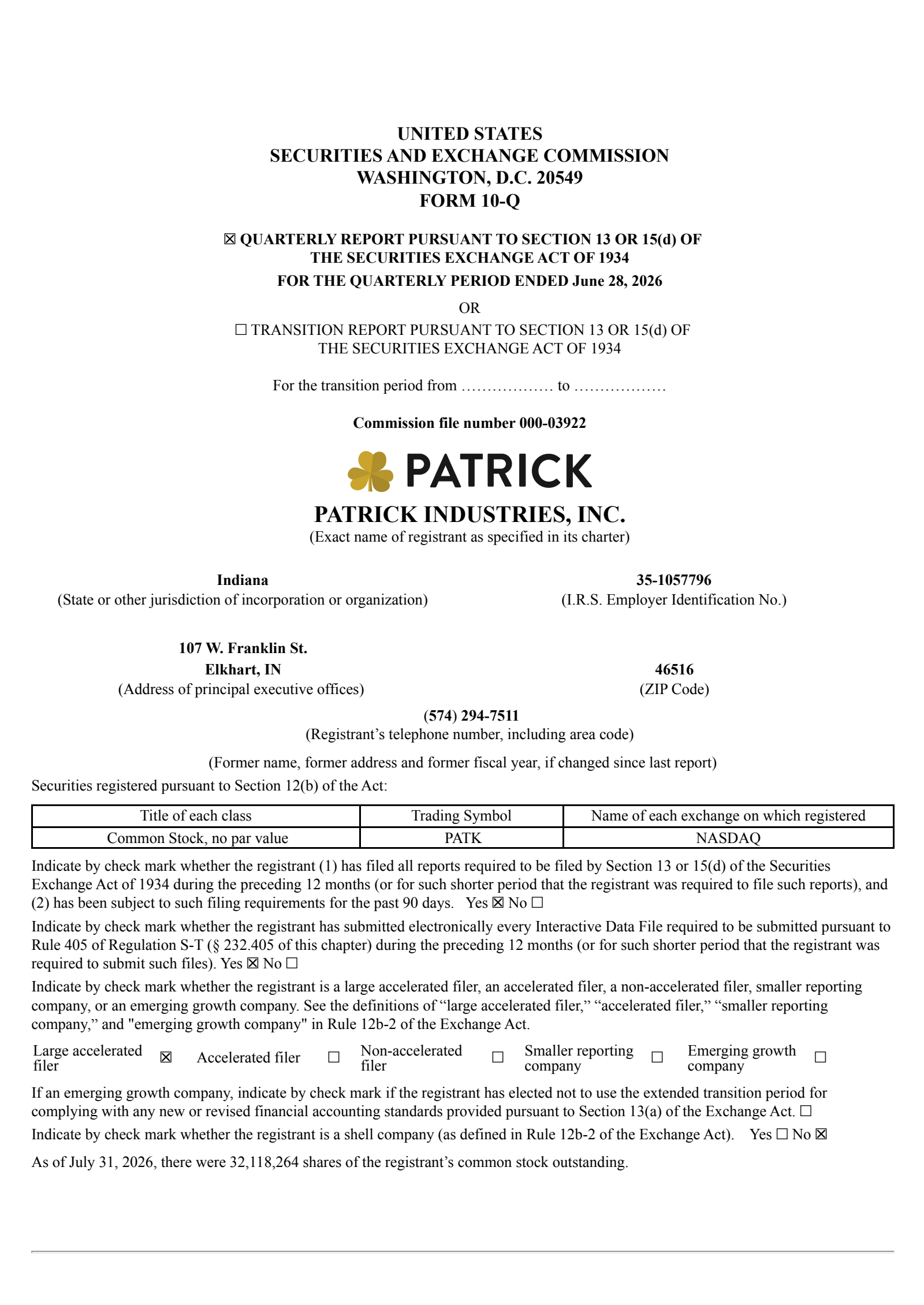 Patrick Industries' Q2 2026 Quarterly report