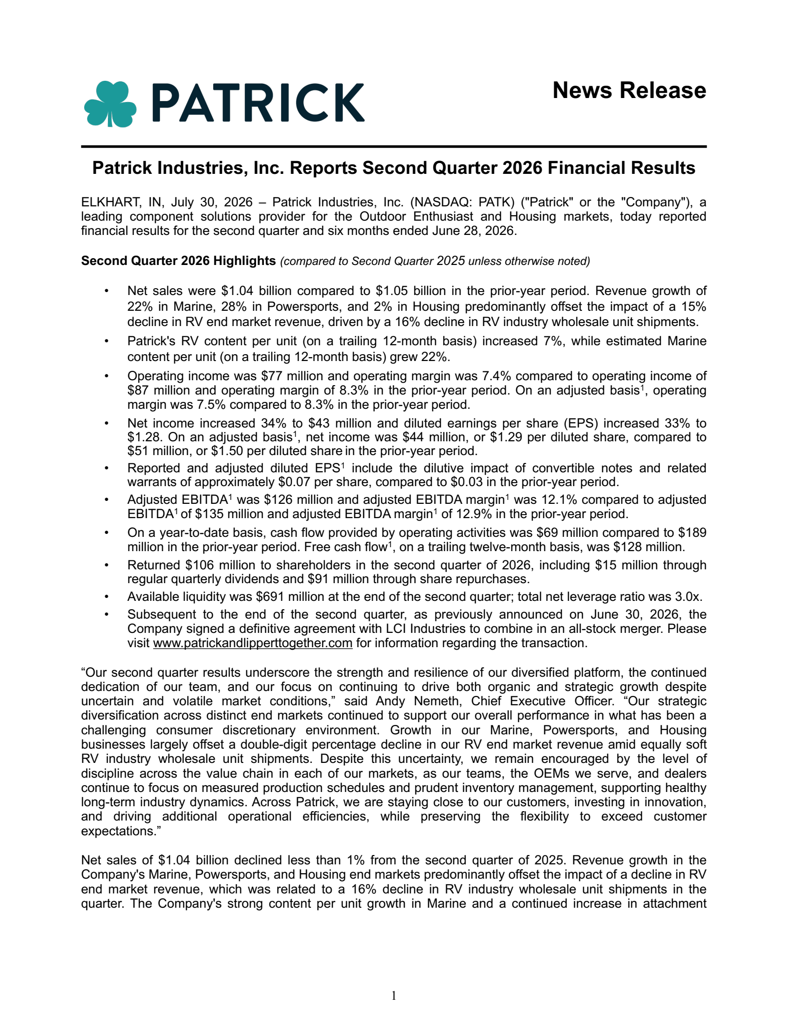 Patrick Industries' Q2 2026 Press Release