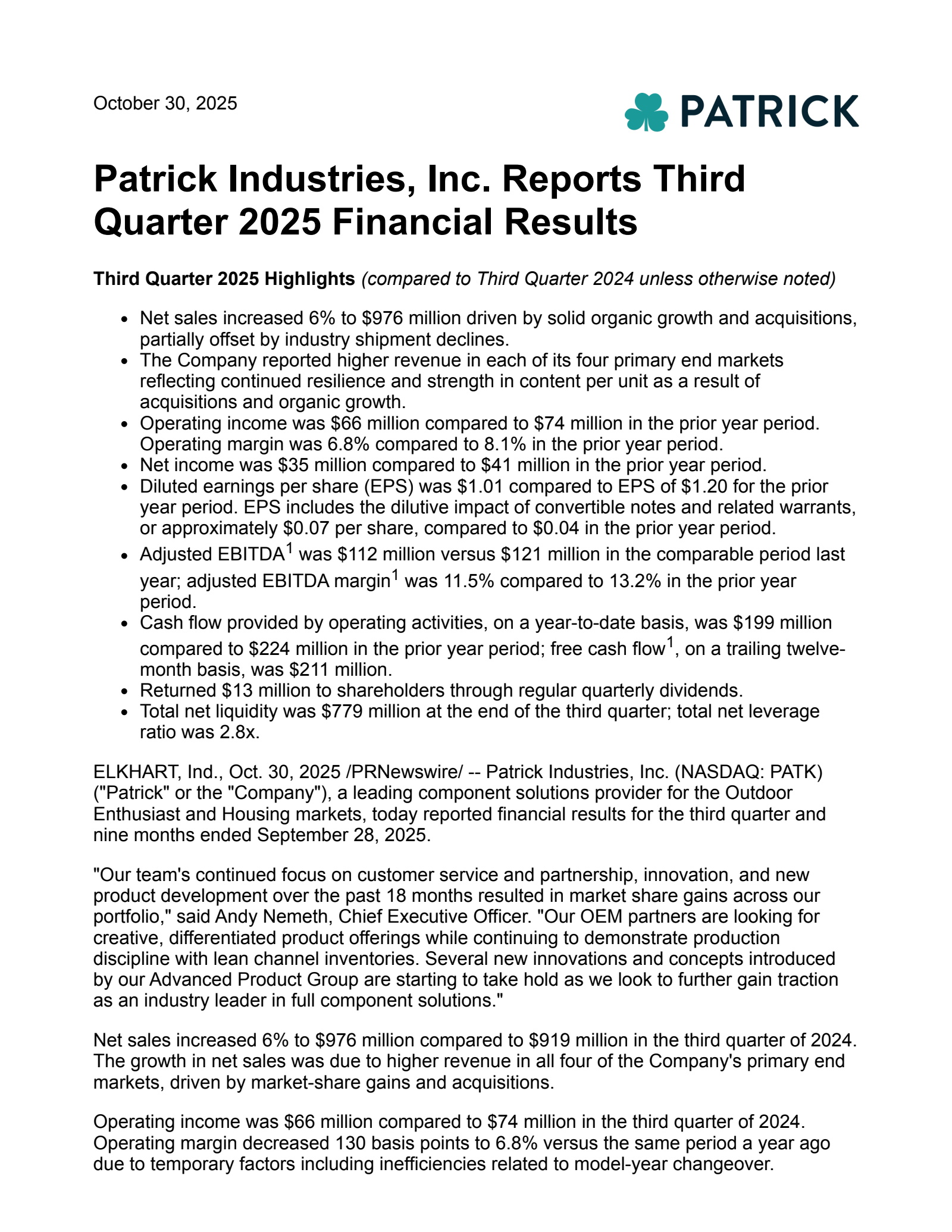 Patrick Industries' Q3 2025 Earnings Release