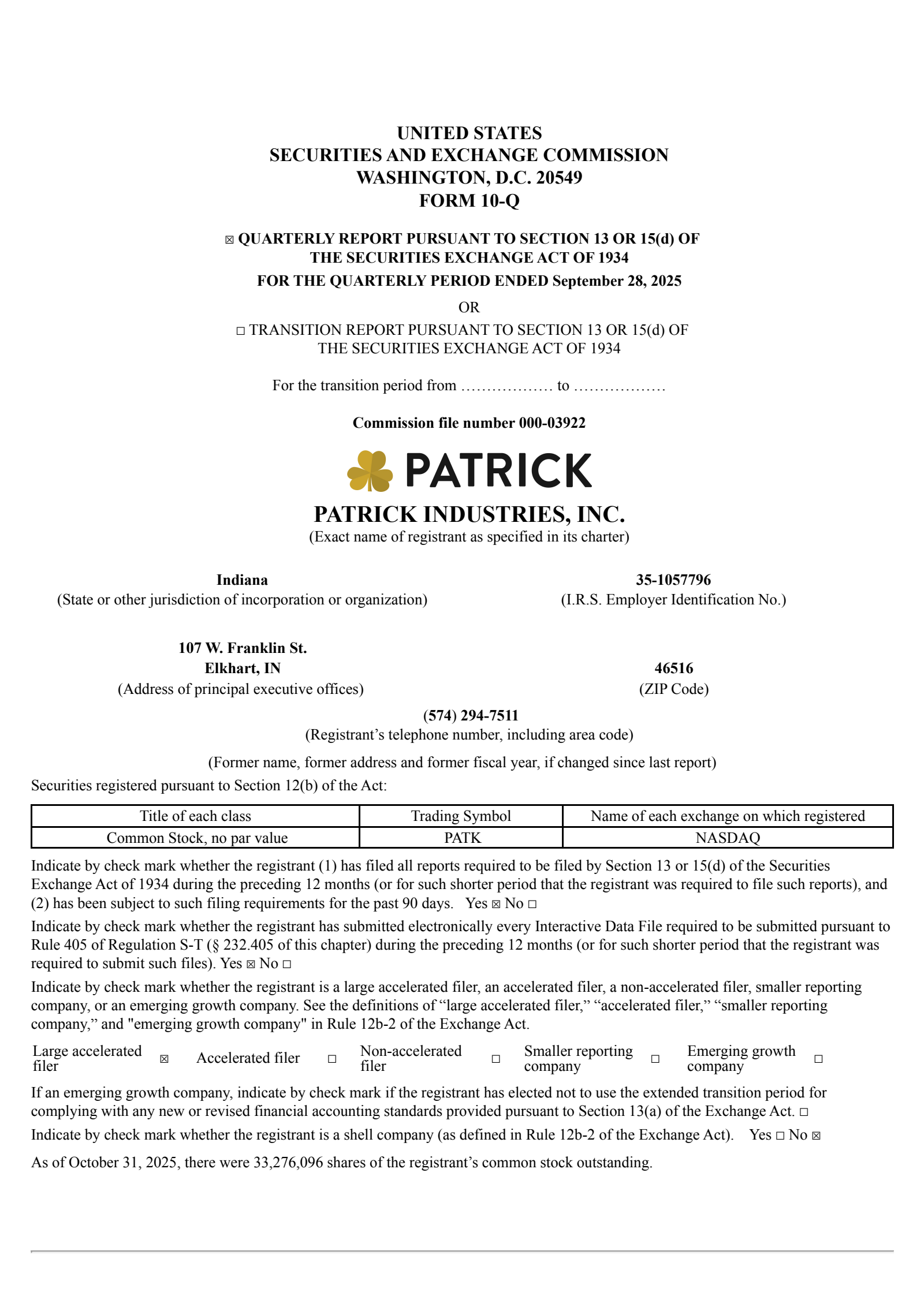 Patrick Industries' Q3 2025 Quarterly Report
