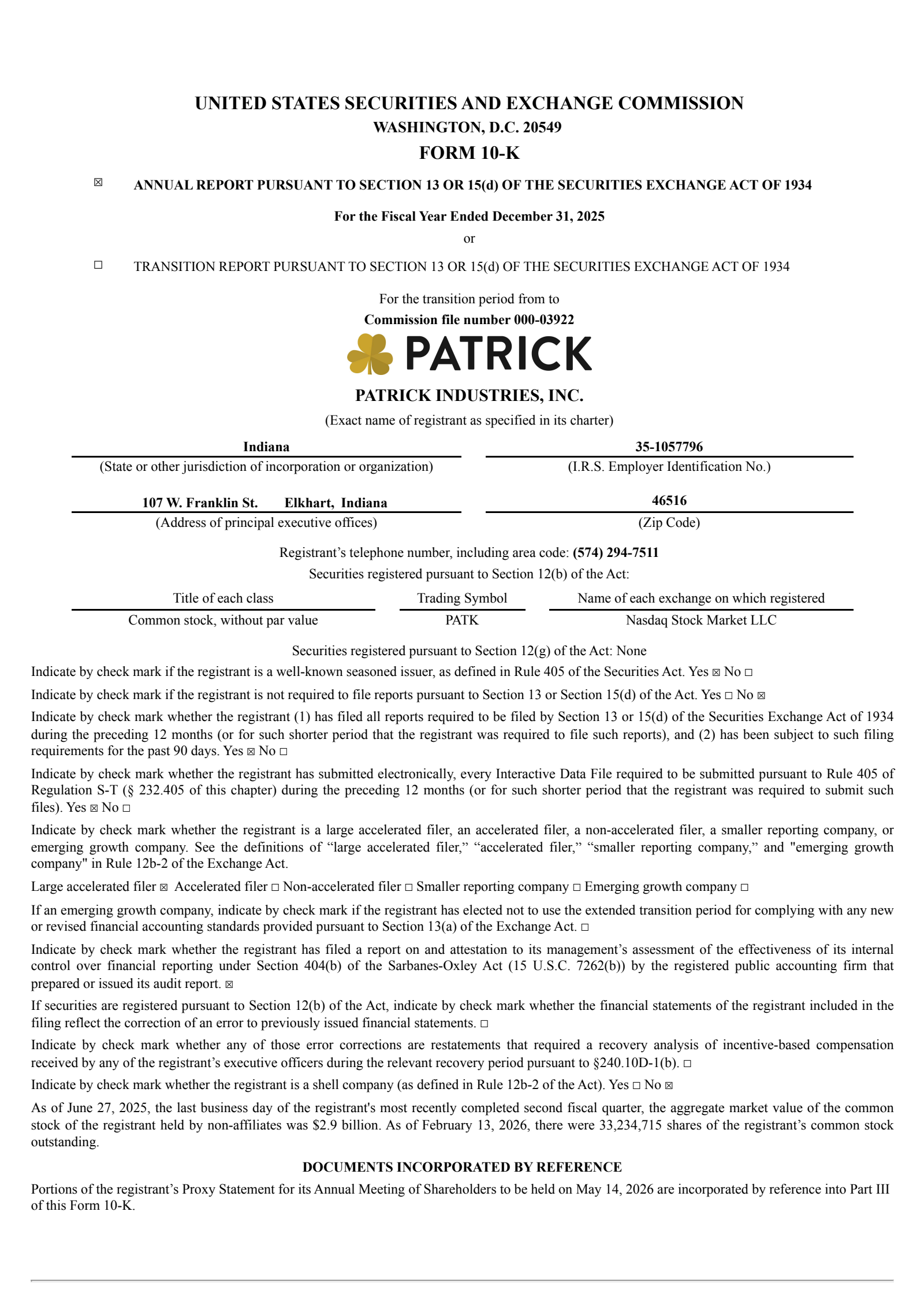 Patrick Industries' Q4 2025 Annual report