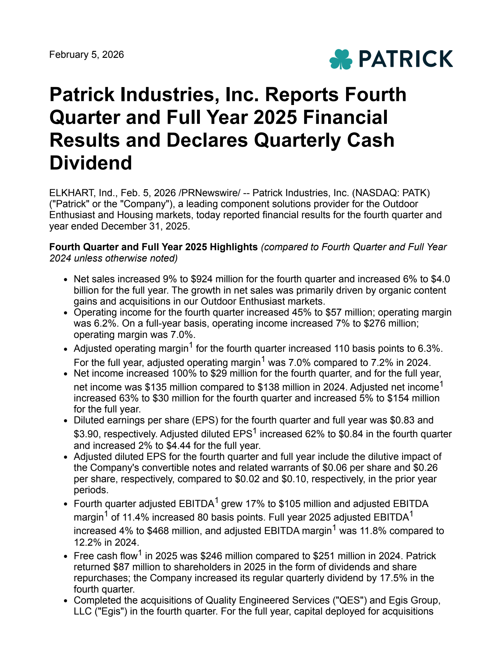 Patrick Industries' Q4 2025 Press Release
