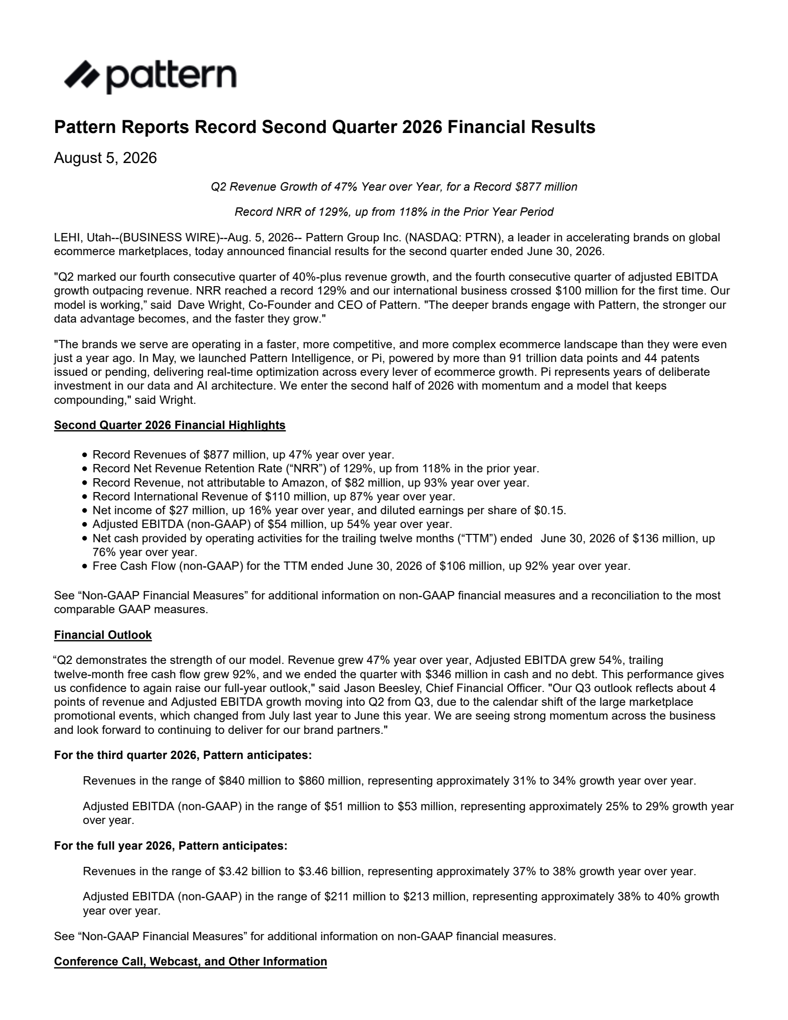 Pattern Group's Q2 2026 Press Release